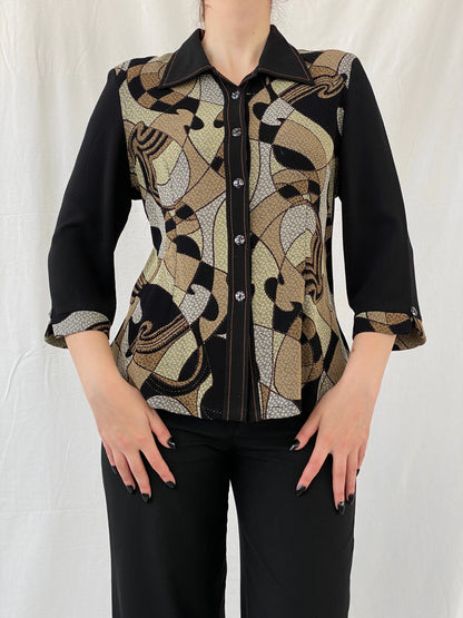 Vintage Telihuang Black and Beige Women’s Abstract Design Shimmery Buttoned Shirt - XL - Balagan Vintage Full sleeve Shirt 00s, Ayah, shirt, women shirt