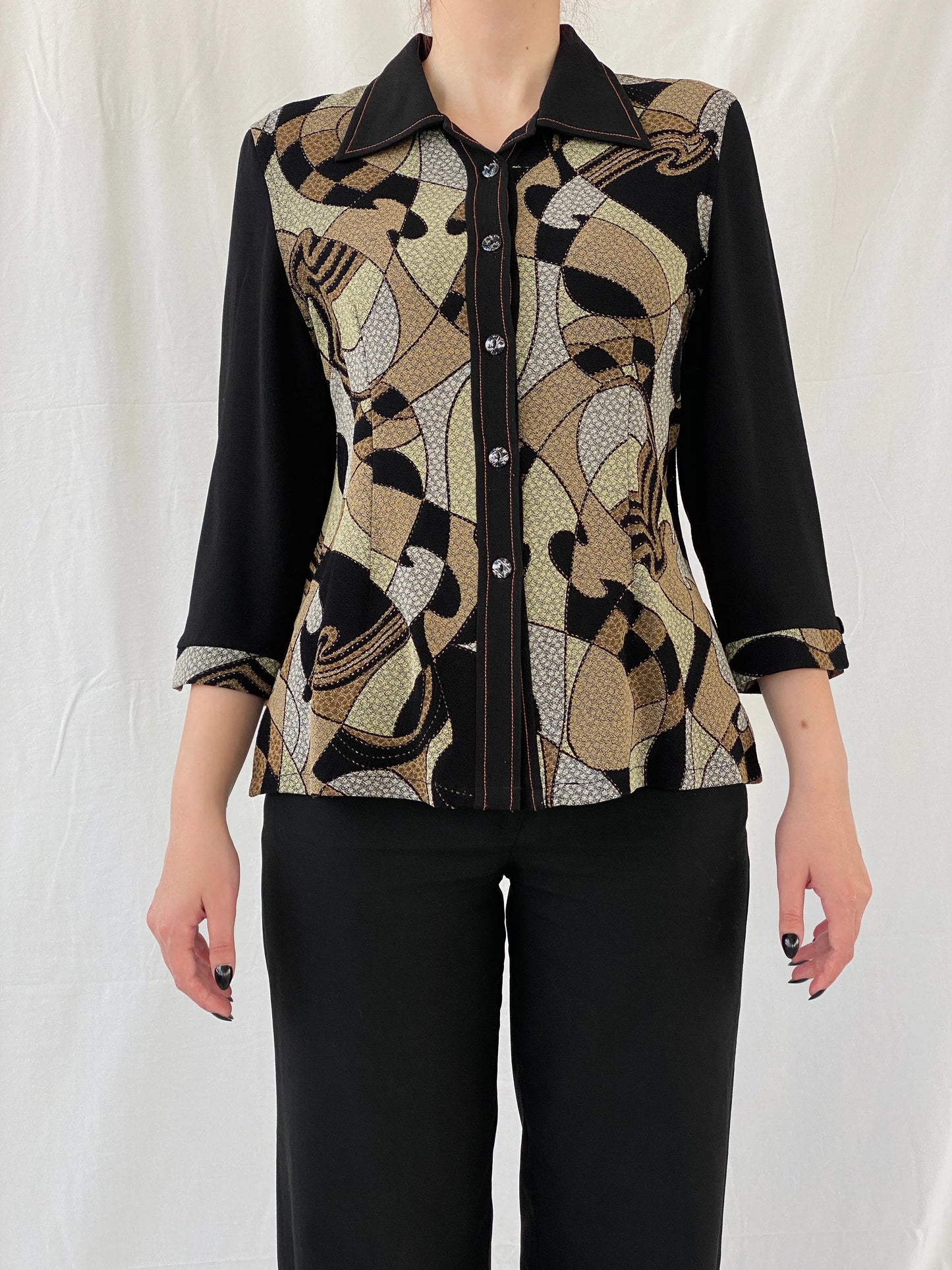Vintage Telihuang Black and Beige Women’s Abstract Design Shimmery Buttoned Shirt - XL - Balagan Vintage Full sleeve Shirt 00s, Ayah, shirt, women shirt