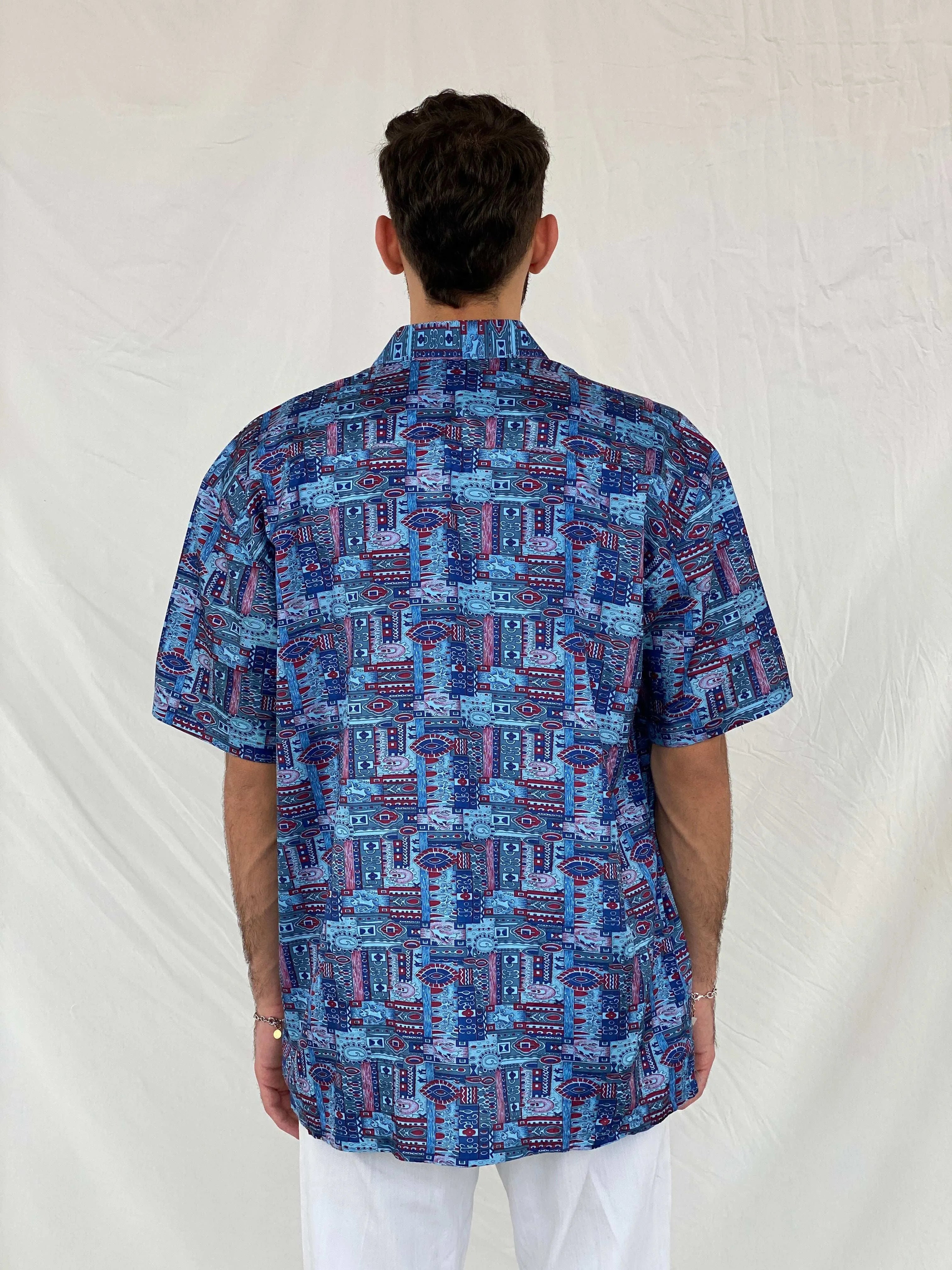 Vintage Thai Silk Blue and Red Half Sleeve Silk Shirt Size 2XL - Balagan Vintage Half Sleeve Shirt 90s, Awsam, printed silk shirt, silk, silk shirt