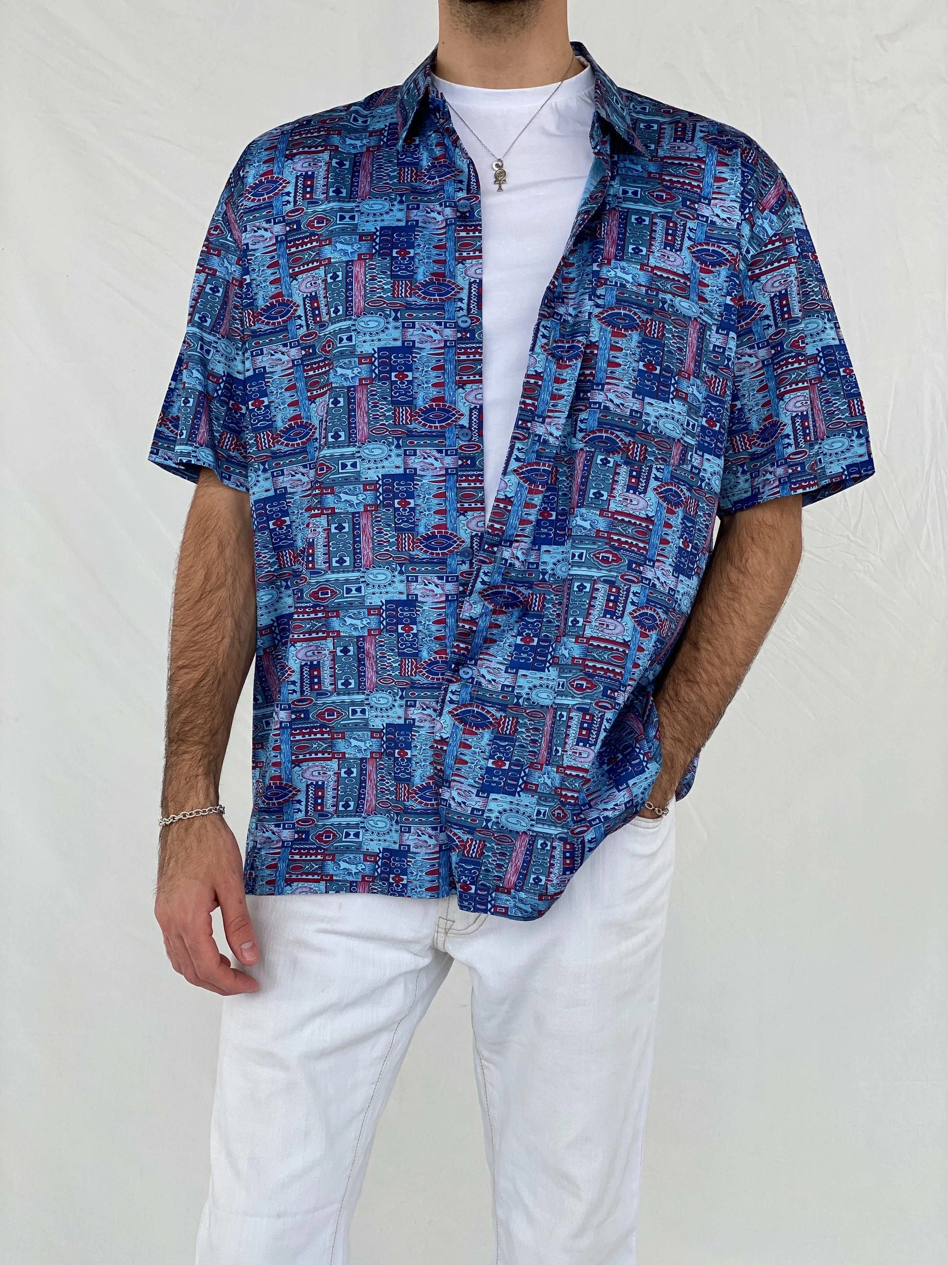 Vintage Thai Silk Blue and Red Half Sleeve Silk Shirt Size 2XL - Balagan Vintage Half Sleeve Shirt 90s, Awsam, printed silk shirt, silk, silk shirt