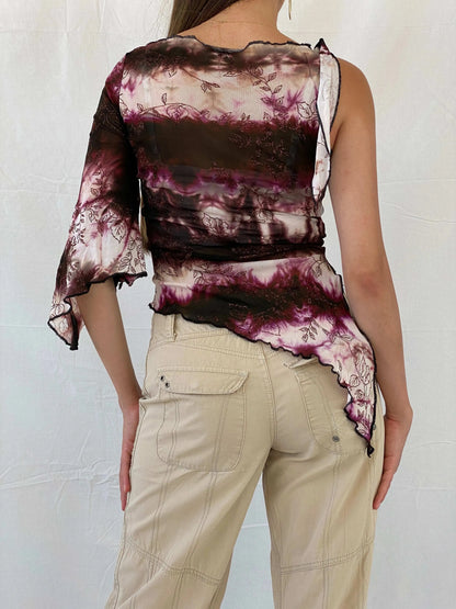 Vintage Tie Dye Shimmery Lettuce Trim Sheer Purple Top - S - Balagan Vintage Full Sleeve Top 90s, mesh, mesh top, Mira, women top