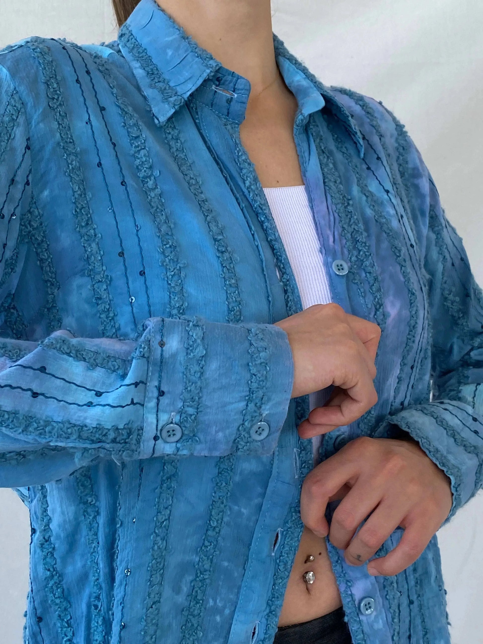 Vintage Tie-Dye Women’s Button Up Blue Sequin Cotton Shirt - M - Balagan Vintage Full Sleeve Shirt 90s, Deals, full sleeve shirt, Mira, Office core, winter