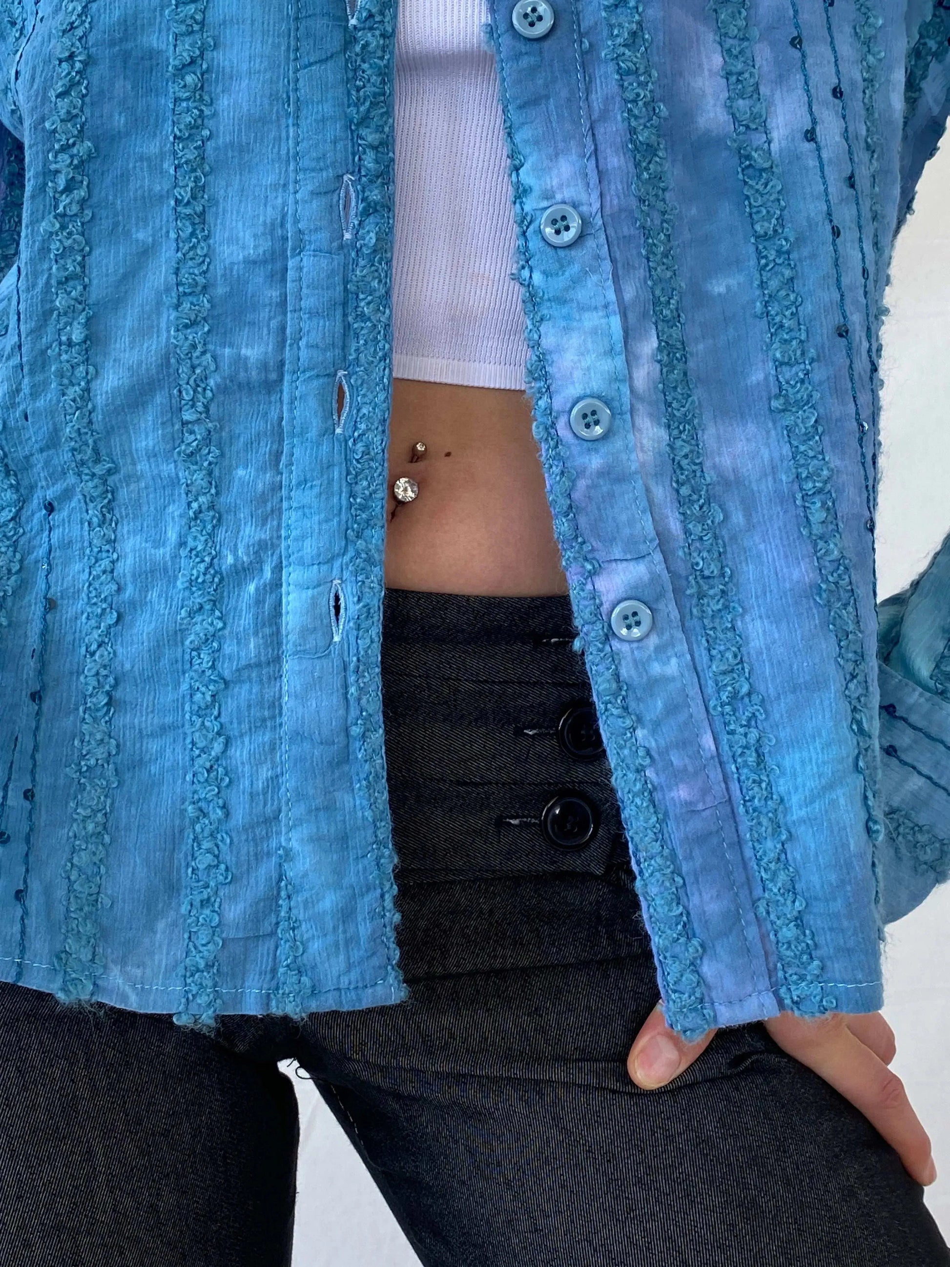 Vintage Tie-Dye Women’s Button Up Blue Sequin Cotton Shirt - M - Balagan Vintage Full Sleeve Shirt 90s, Deals, full sleeve shirt, Mira, Office core, winter