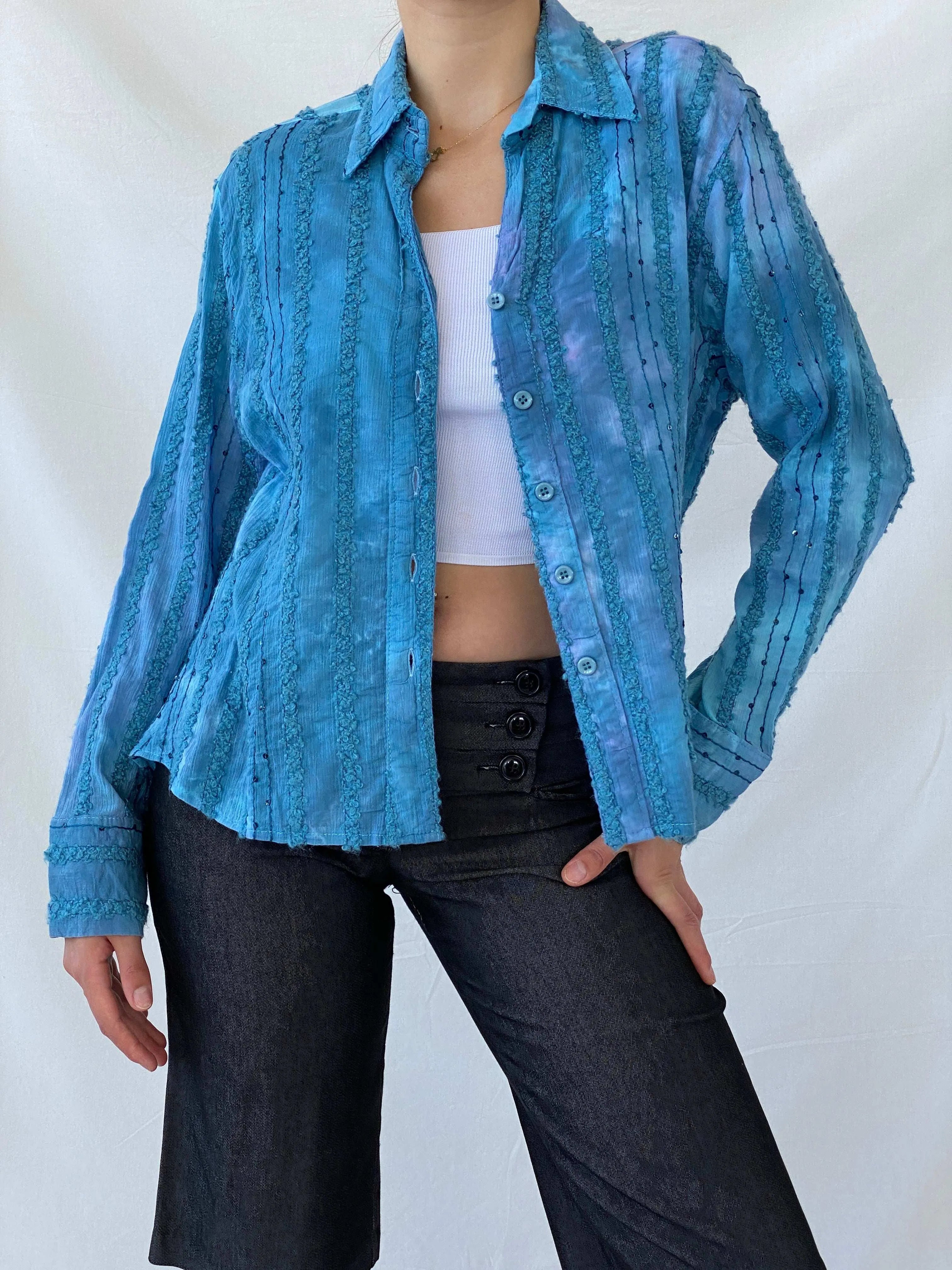Vintage Tie-Dye Women’s Button Up Blue Sequin Cotton Shirt - M - Balagan Vintage Full Sleeve Shirt 90s, full sleeve shirt, Mira, Office core, winter