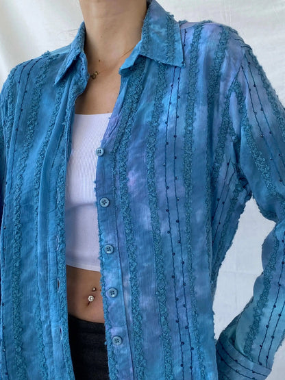 Vintage Tie-Dye Women’s Button Up Blue Sequin Cotton Shirt - M - Balagan Vintage Full Sleeve Shirt 90s, Deals, full sleeve shirt, Mira, Office core, winter