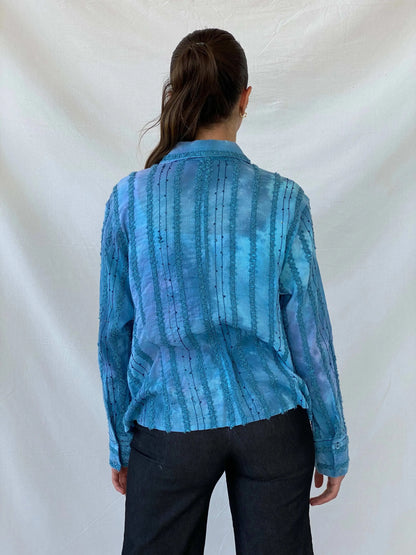 Vintage Tie-Dye Women’s Button Up Blue Sequin Cotton Shirt - M - Balagan Vintage Full Sleeve Shirt 90s, Deals, full sleeve shirt, Mira, Office core, winter