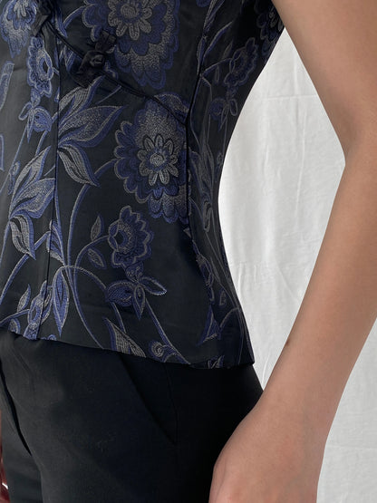 Vintage TINTORETTO Black Blue Floral Sleeveless Wrap Blouse Chinese Brocade Top - L - Balagan Vintage Sleeveless Top 90s, Ayah, floral, floral embroidery, floral top, sleeveless top