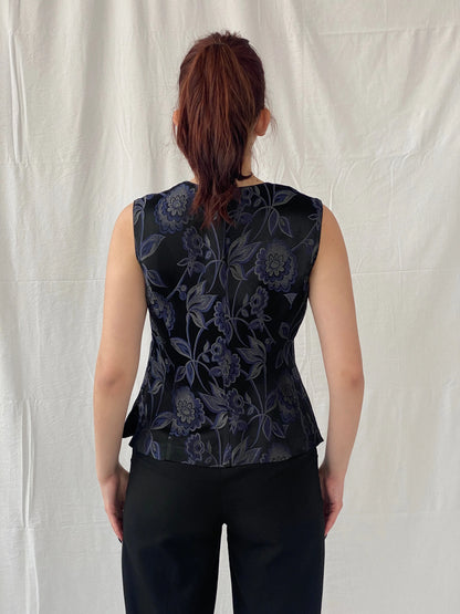 Vintage TINTORETTO Black Blue Floral Sleeveless Wrap Blouse Chinese Brocade Top - L - Balagan Vintage Sleeveless Top 90s, Ayah, floral, floral embroidery, floral top, sleeveless top
