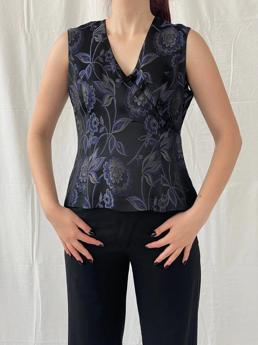 Vintage TINTORETTO Black Blue Floral Sleeveless Wrap Blouse Chinese Brocade Top - L - Balagan Vintage Sleeveless Top 90s, Ayah, floral, floral embroidery, floral top, sleeveless top