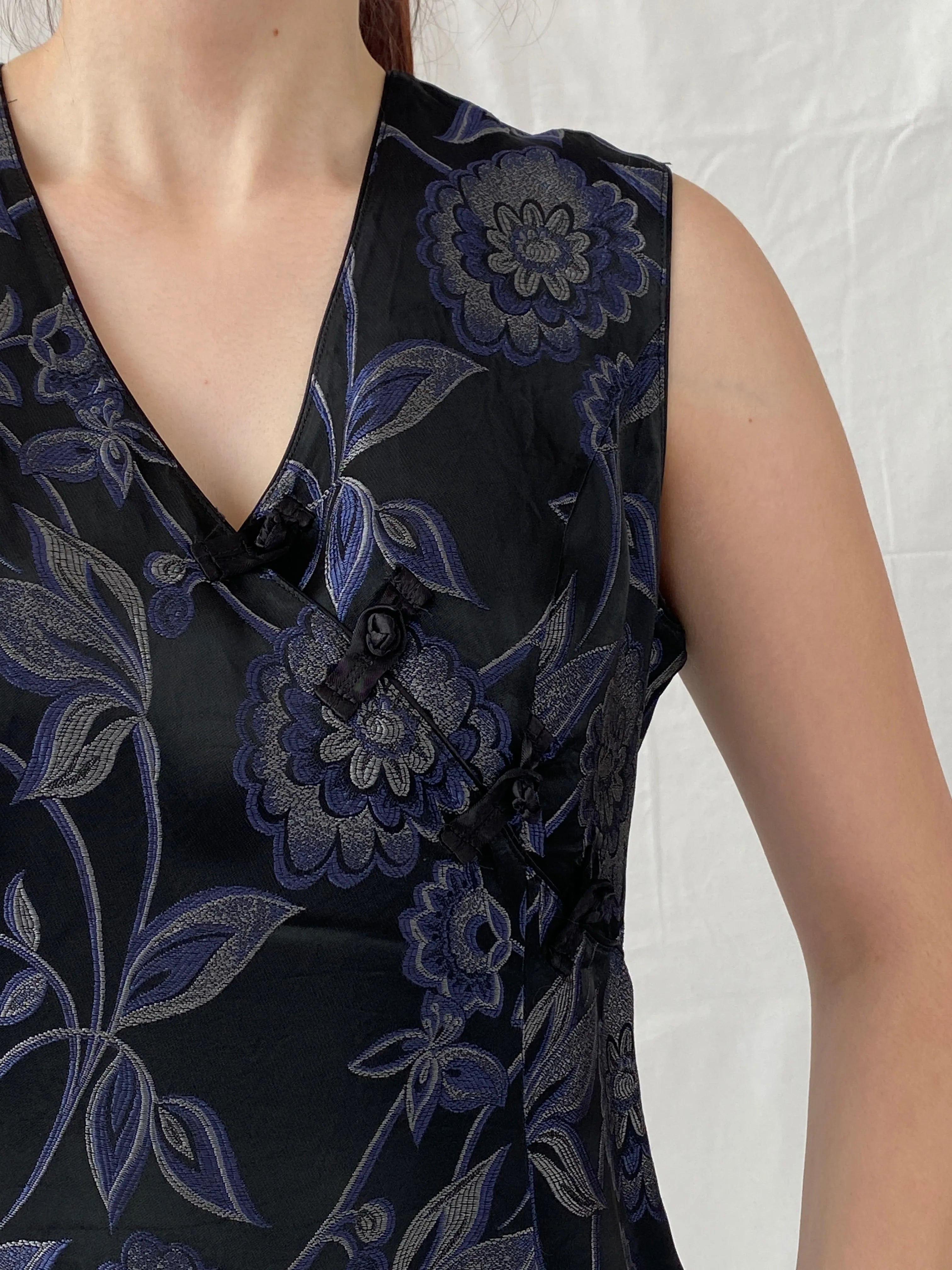 Vintage TINTORETTO Black Blue Floral Sleeveless Wrap Blouse Chinese Brocade Top - L - Balagan Vintage Sleeveless Top 90s, Ayah, floral, floral embroidery, floral top, sleeveless top