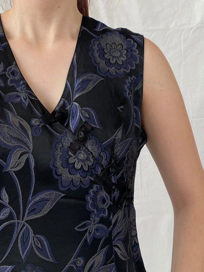 Vintage TINTORETTO Black Blue Floral Sleeveless Wrap Blouse Chinese Brocade Top - L - Balagan Vintage Sleeveless Top 90s, Ayah, floral, floral embroidery, floral top, sleeveless top