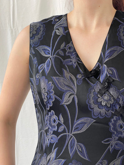 Vintage TINTORETTO Black Blue Floral Sleeveless Wrap Blouse Chinese Brocade Top - L - Balagan Vintage Sleeveless Top 90s, Ayah, floral, floral embroidery, floral top, sleeveless top