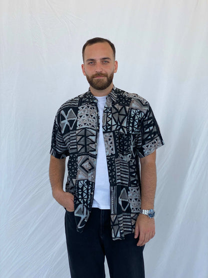 Vintage Toby Lee TL Geometric Print Black and Gray Shirt - L - Balagan Vintage Half Sleeve Shirt 90s, half sleeve shirt, Iyad, mens shirt, printed shirt