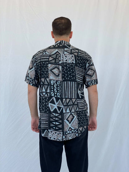 Vintage Toby Lee TL Geometric Print Black and Gray Shirt - L - Balagan Vintage Half Sleeve Shirt 90s, half sleeve shirt, Iyad, mens shirt, printed shirt