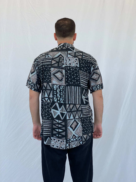 Vintage Toby Lee TL Geometric Print Black and Gray Shirt - L - Balagan Vintage Half Sleeve Shirt 90s, half sleeve shirt, Iyad, mens shirt, printed shirt
