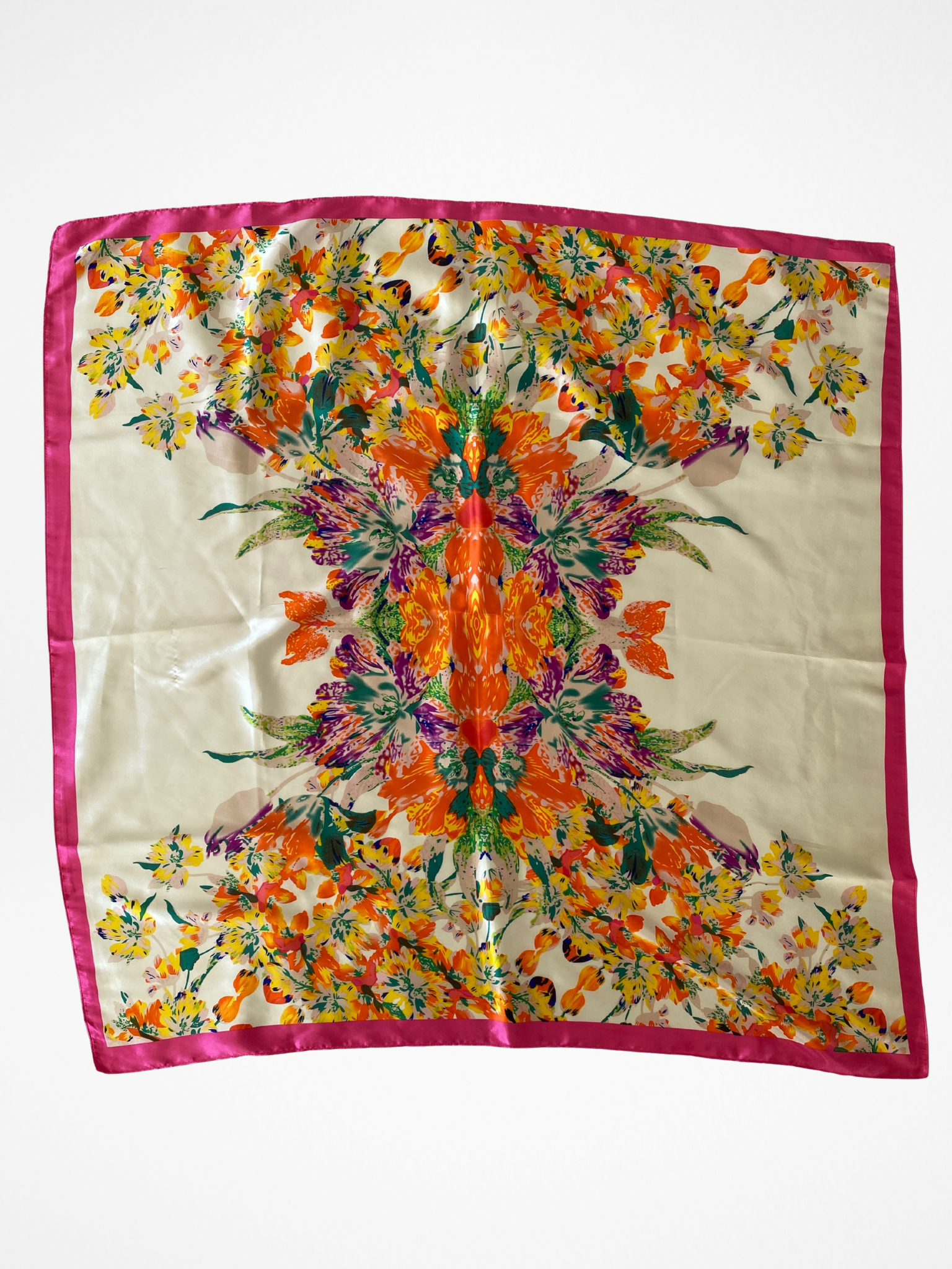 Vintage Tropical Bloom Orange Yellow Floral Satin Silk Square Scarf - Balagan Vintage Scarf 00s, multicolored, NEW IN, scarf, summer