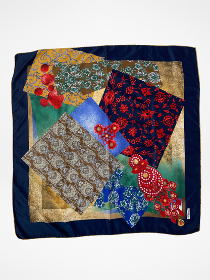 Vintage Tugee Patchwork Print Satin Navy Boho Square Scarf - Balagan Vintage Scarf 00s, multicolored, NEW IN, patchwork, scarf, summer
