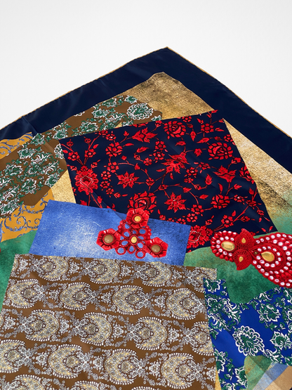 Vintage Tugee Patchwork Print Satin Navy Boho Square Scarf - Balagan Vintage Scarf 00s, multicolored, NEW IN, patchwork, scarf, summer