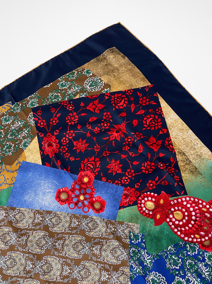 Vintage Tugee Patchwork Print Satin Navy Boho Square Scarf - Balagan Vintage Scarf 00s, multicolored, NEW IN, patchwork, scarf, summer