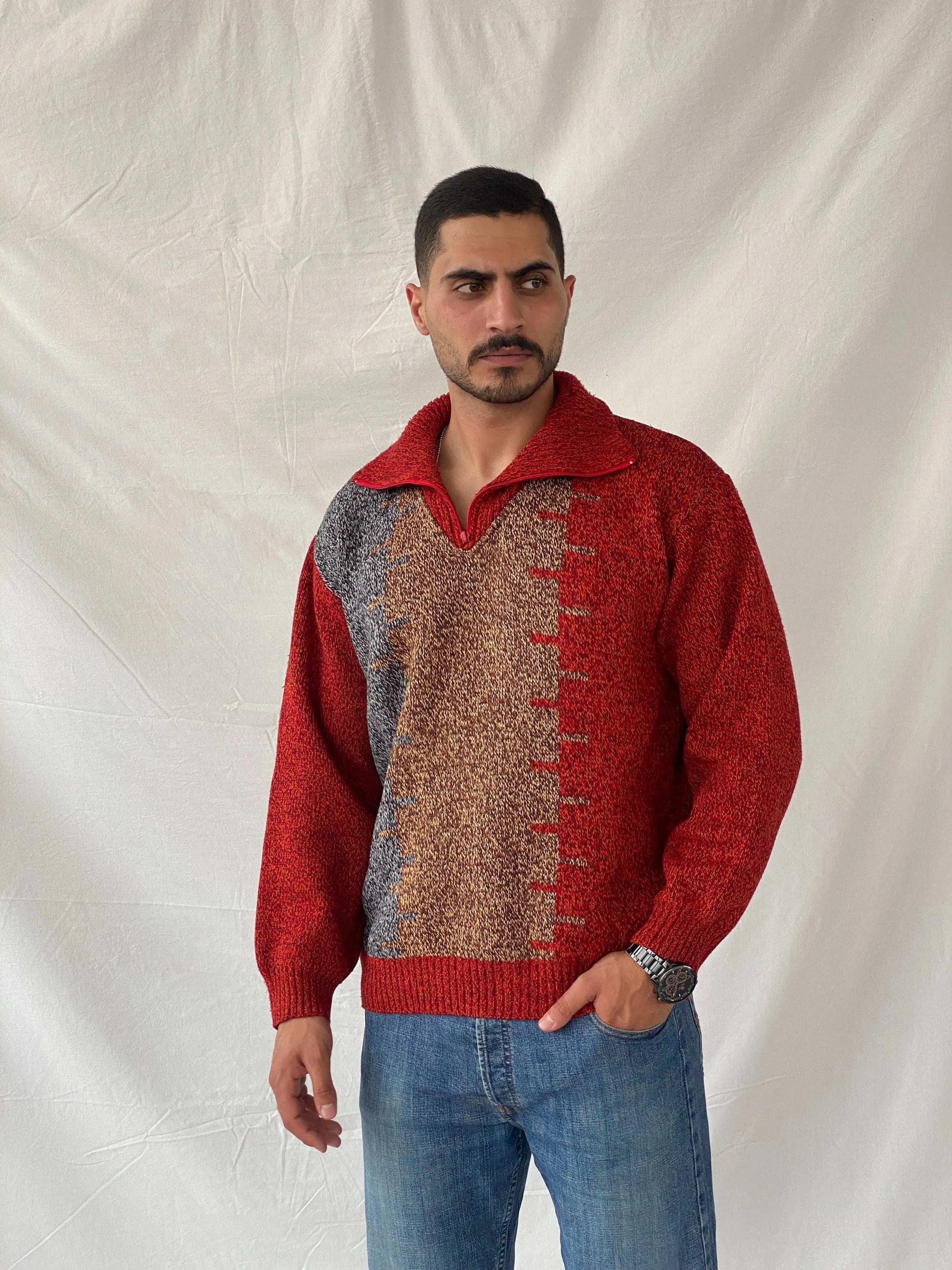 Vintage Türeli Exclusive Orange Knitted Zip-Up Collar Sweater - L - Balagan Vintage Sweater 80s, 90s, knitted, knitted sweater, Ramez, vintage sweater, winter