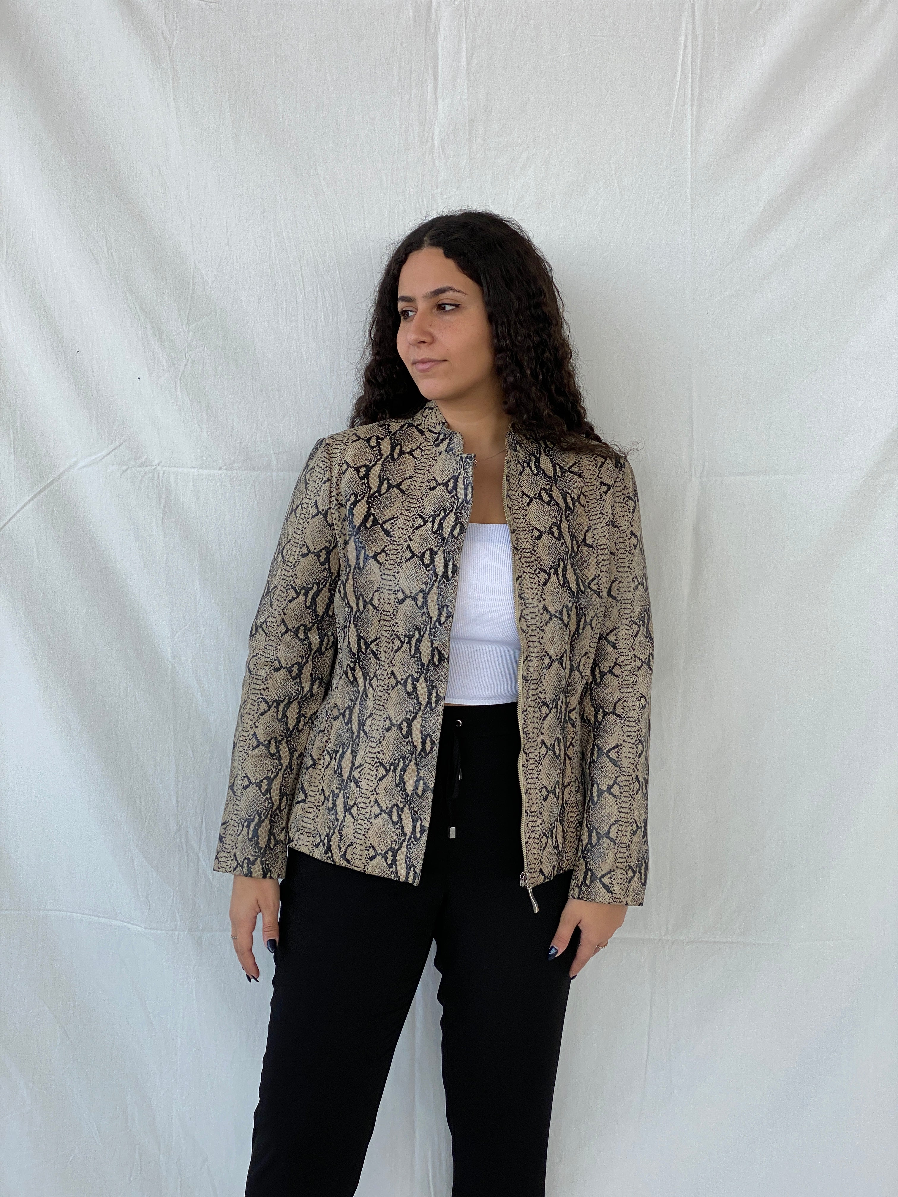 Vintage TUSKANY Italy Women’s Zip Up Snake Skin Leather Jacket - L - Balagan Vintage Jacket 00s, 90s, animal print, brown leather, Dina, genuine leather, jacket, leather jacket