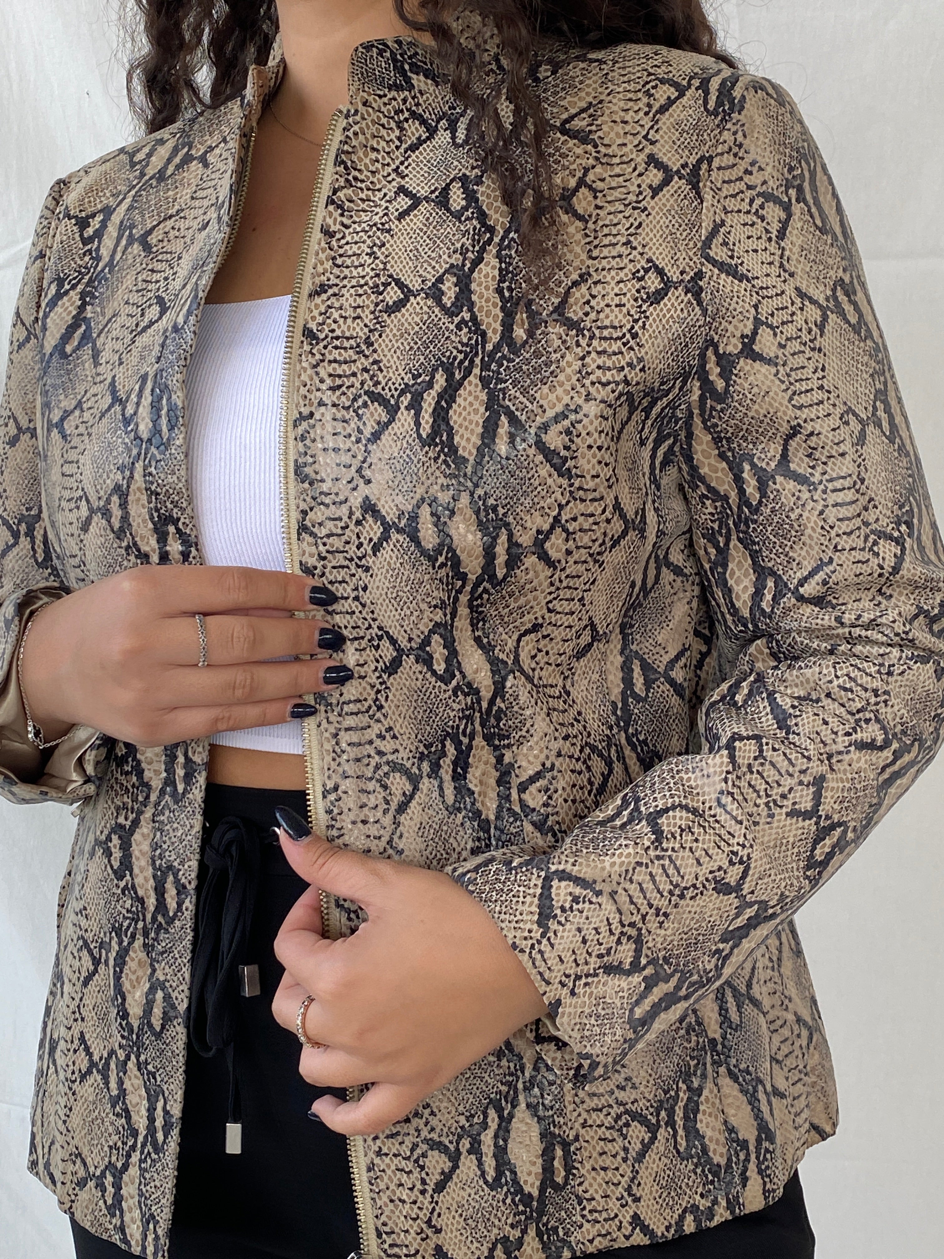 Vintage TUSKANY Italy Women’s Zip Up Snake Skin Leather Jacket - L - Balagan Vintage Jacket 00s, 90s, animal print, brown leather, Dina, genuine leather, jacket, leather jacket