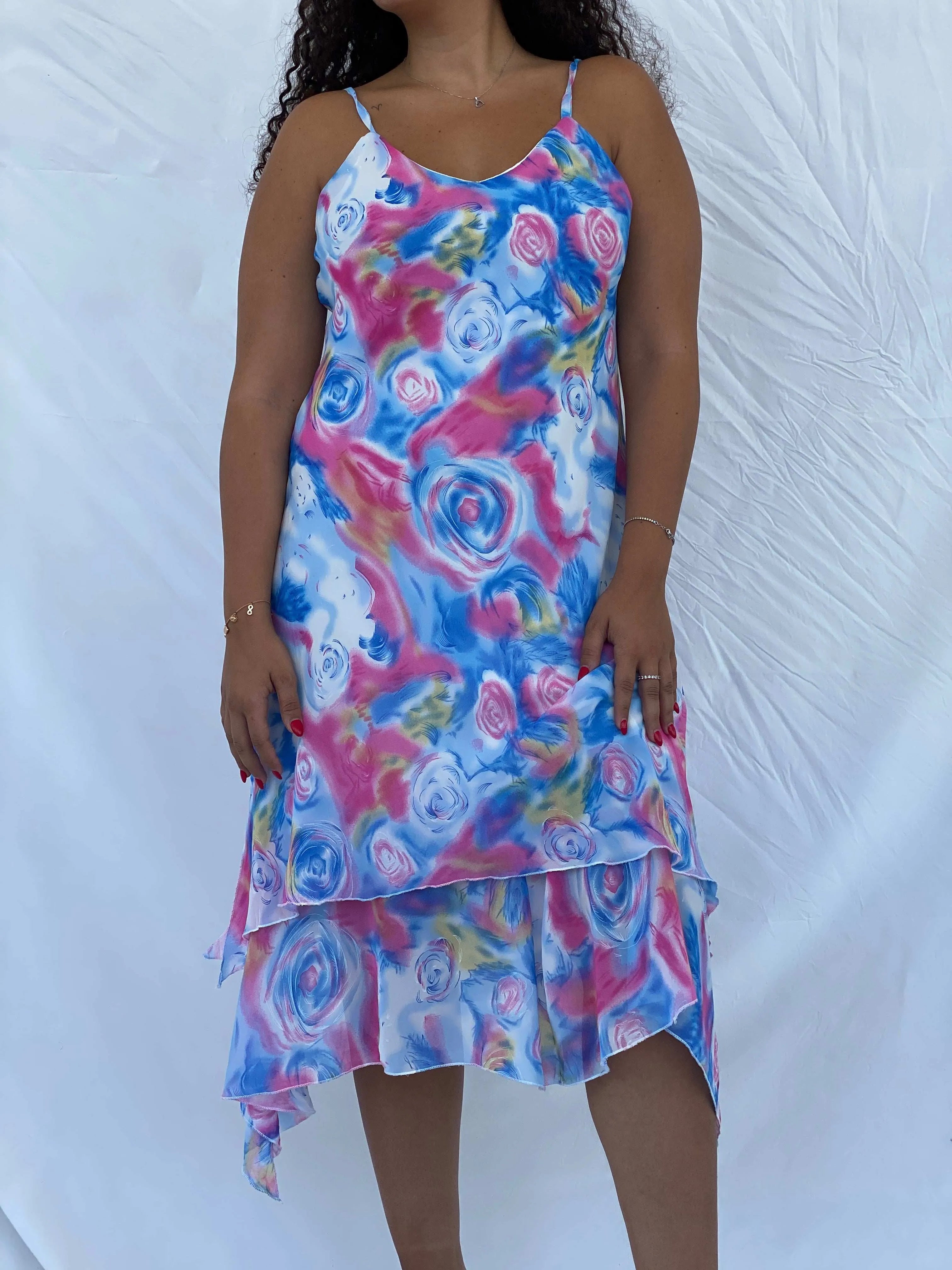 Vintage TYC Blue and Pink Floral Spaghetti Strap Midi Dress - XL - Balagan Vintage Midi Dress 00s, 90s, 90s dress, Dina, floral dress, midi dress, Wedding Guest