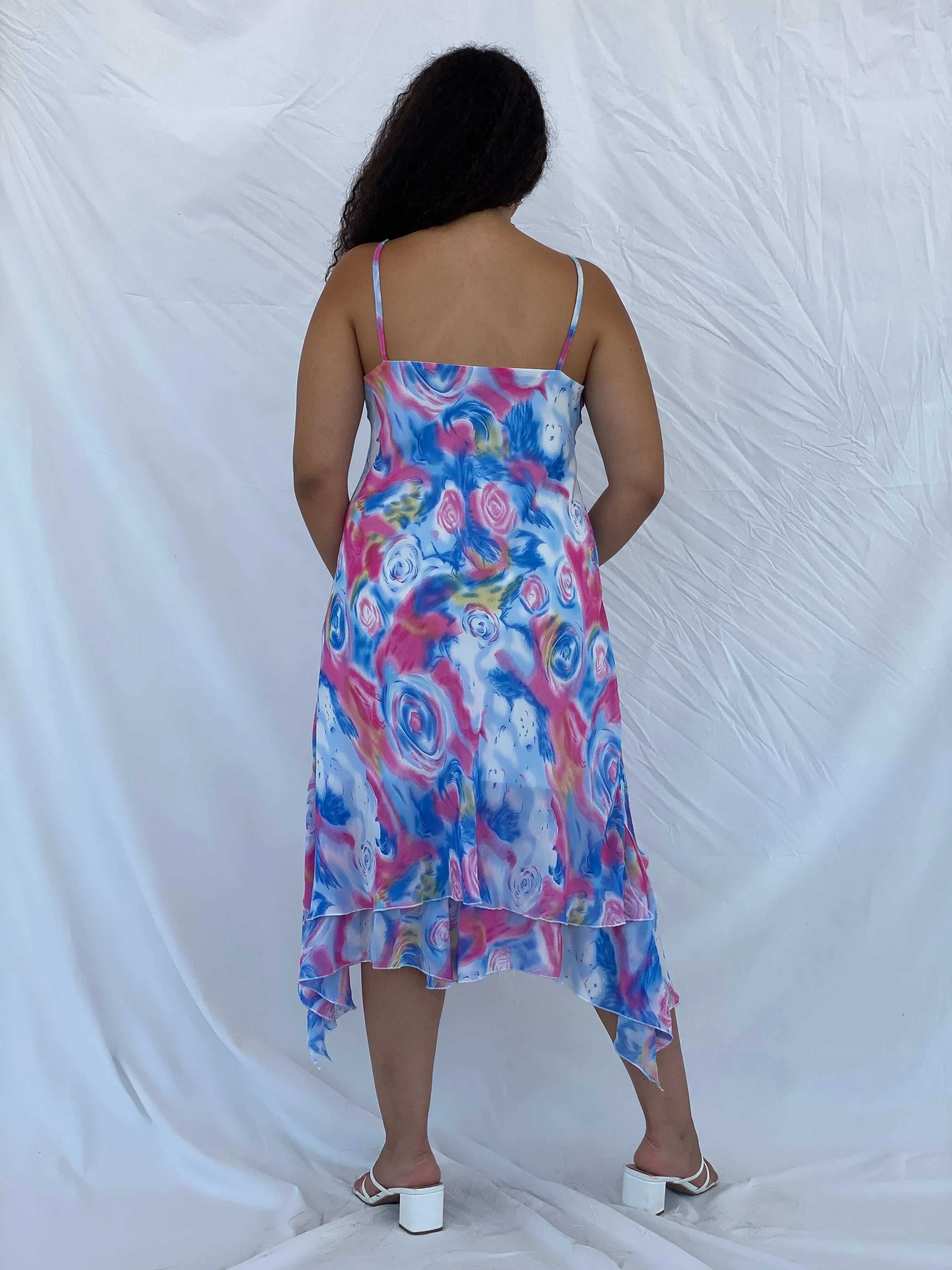 Vintage TYC Blue and Pink Floral Spaghetti Strap Midi Dress - XL - Balagan Vintage Midi Dress 00s, 90s, 90s dress, Dina, floral dress, midi dress, Wedding Guest