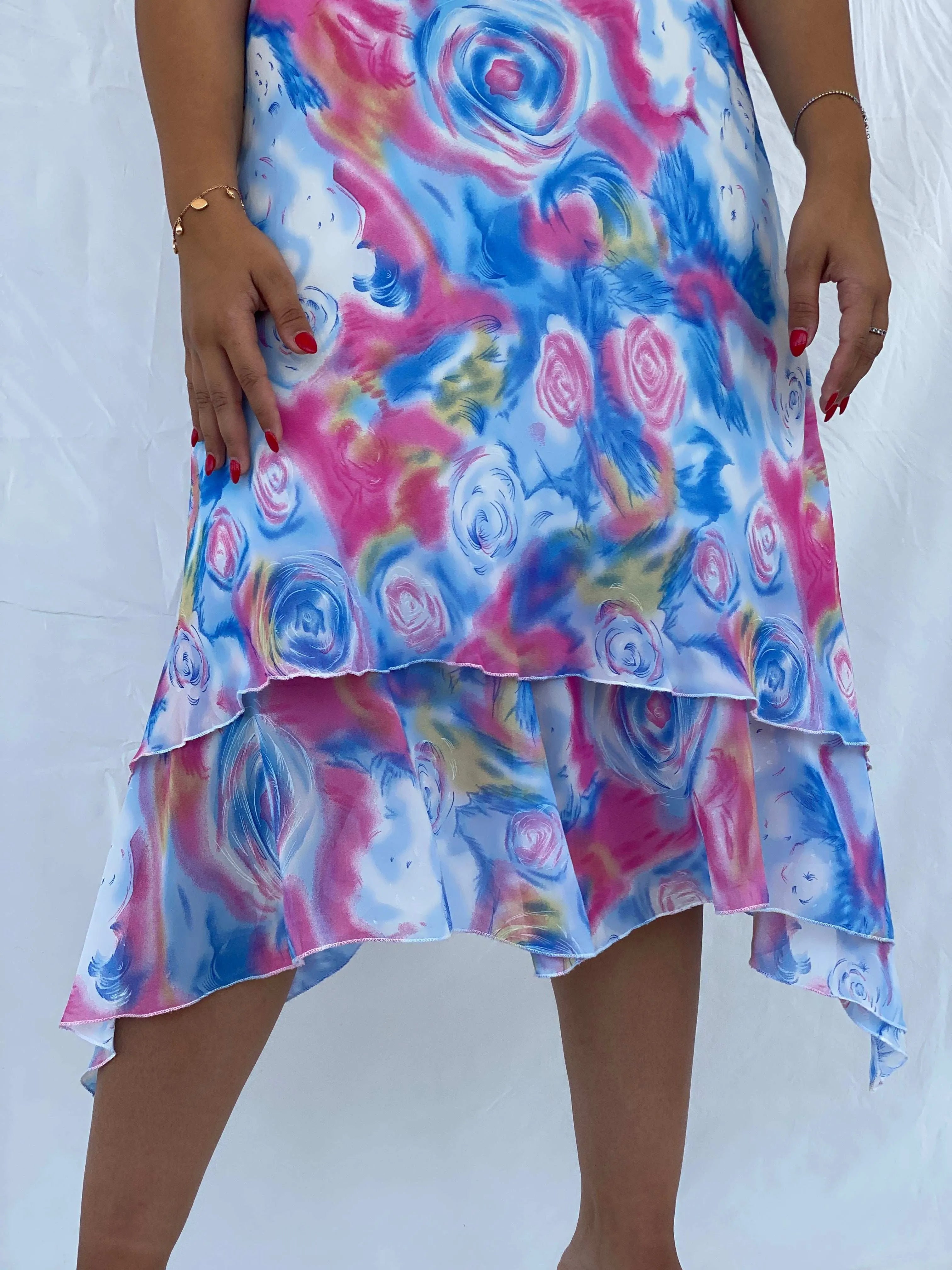 Vintage TYC Blue and Pink Floral Spaghetti Strap Midi Dress - XL - Balagan Vintage Midi Dress 00s, 90s, 90s dress, Dina, floral dress, midi dress, Wedding Guest
