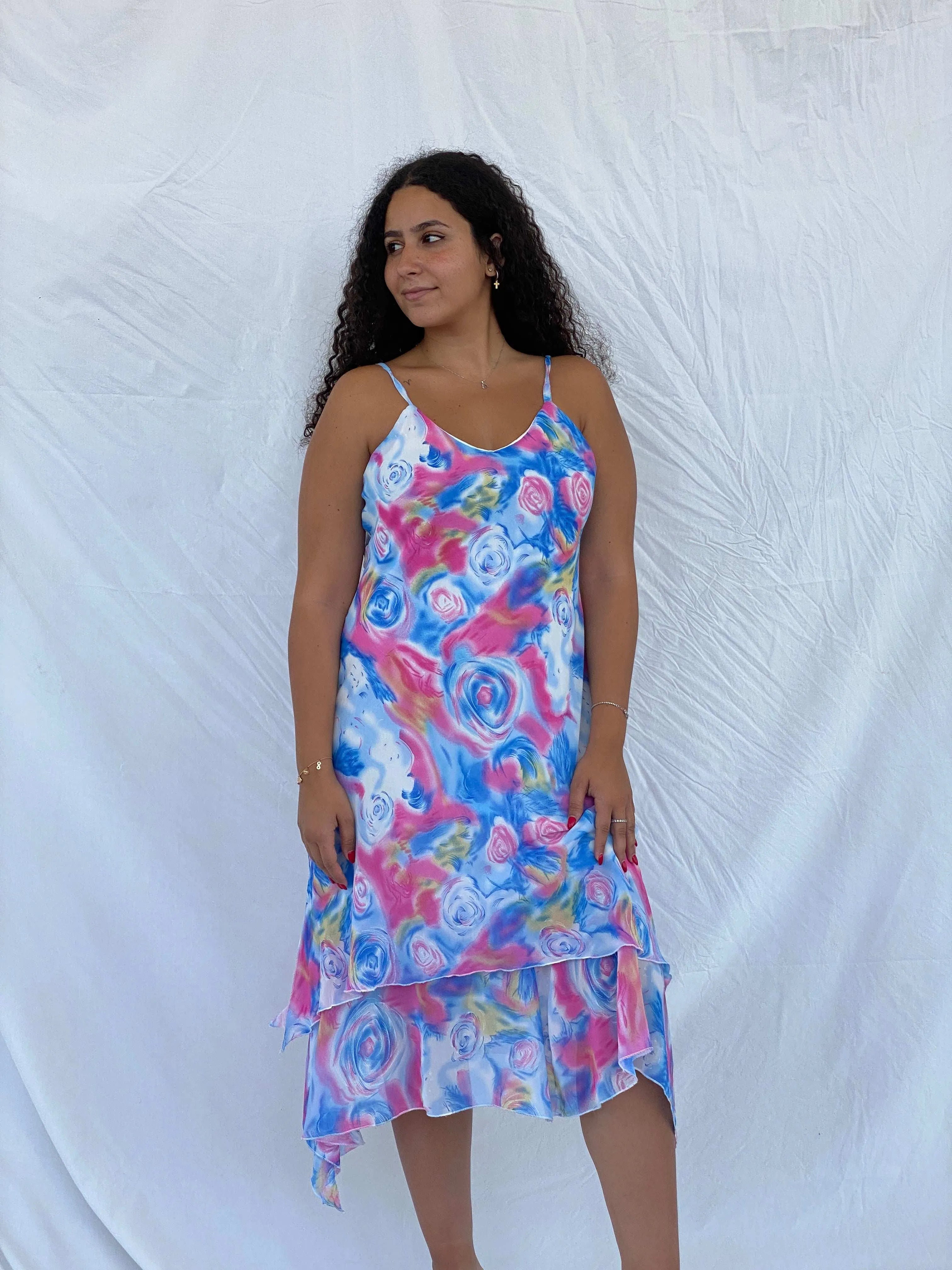 Vintage TYC Blue and Pink Floral Spaghetti Strap Midi Dress - XL - Balagan Vintage Midi Dress 00s, 90s, 90s dress, Dina, floral dress, midi dress, Wedding Guest