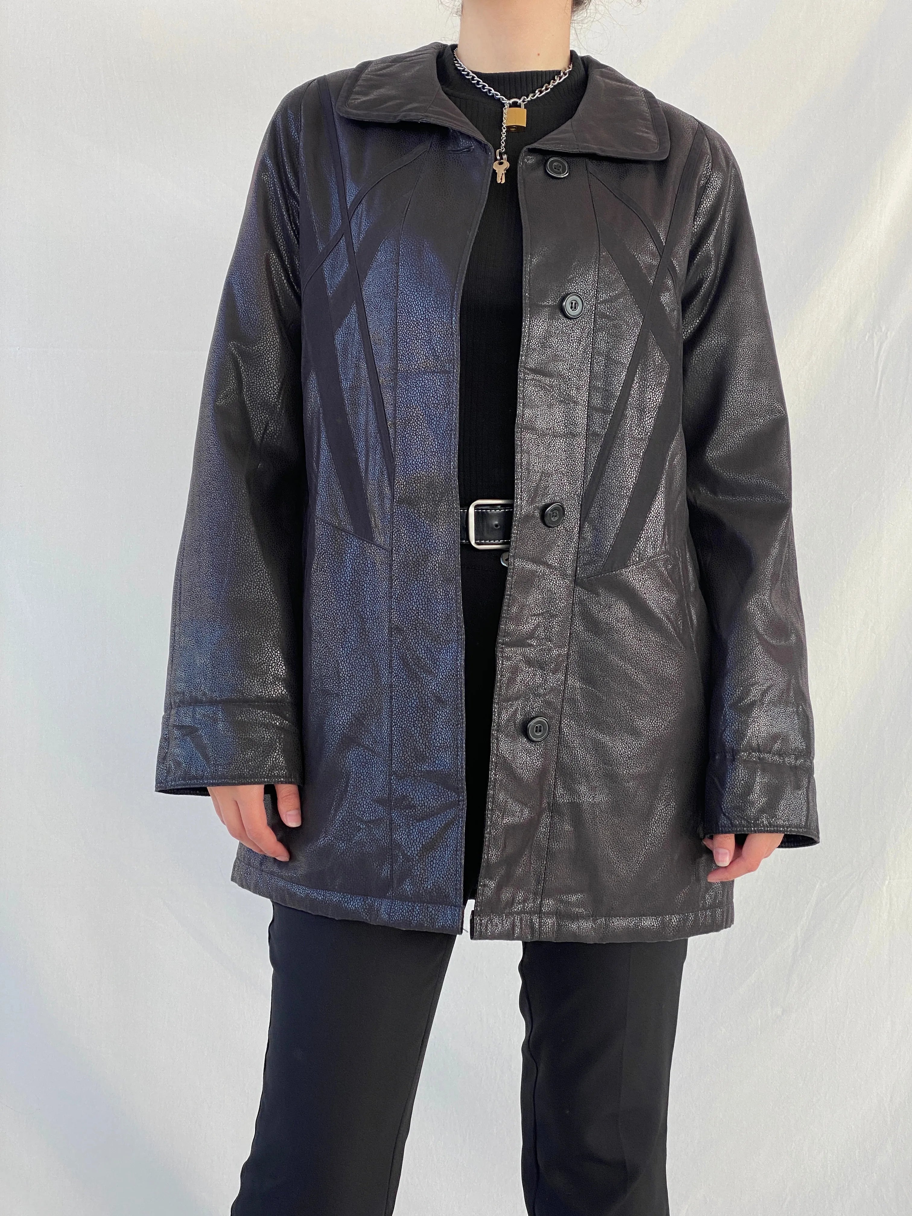 Vintage UN JOUR AILLEURS Faux Leather Black Coat - S - Balagan Vintage Coat 00s, Ayah, black leather, coat, Coats&Jackets, leather coat, Women's Coats