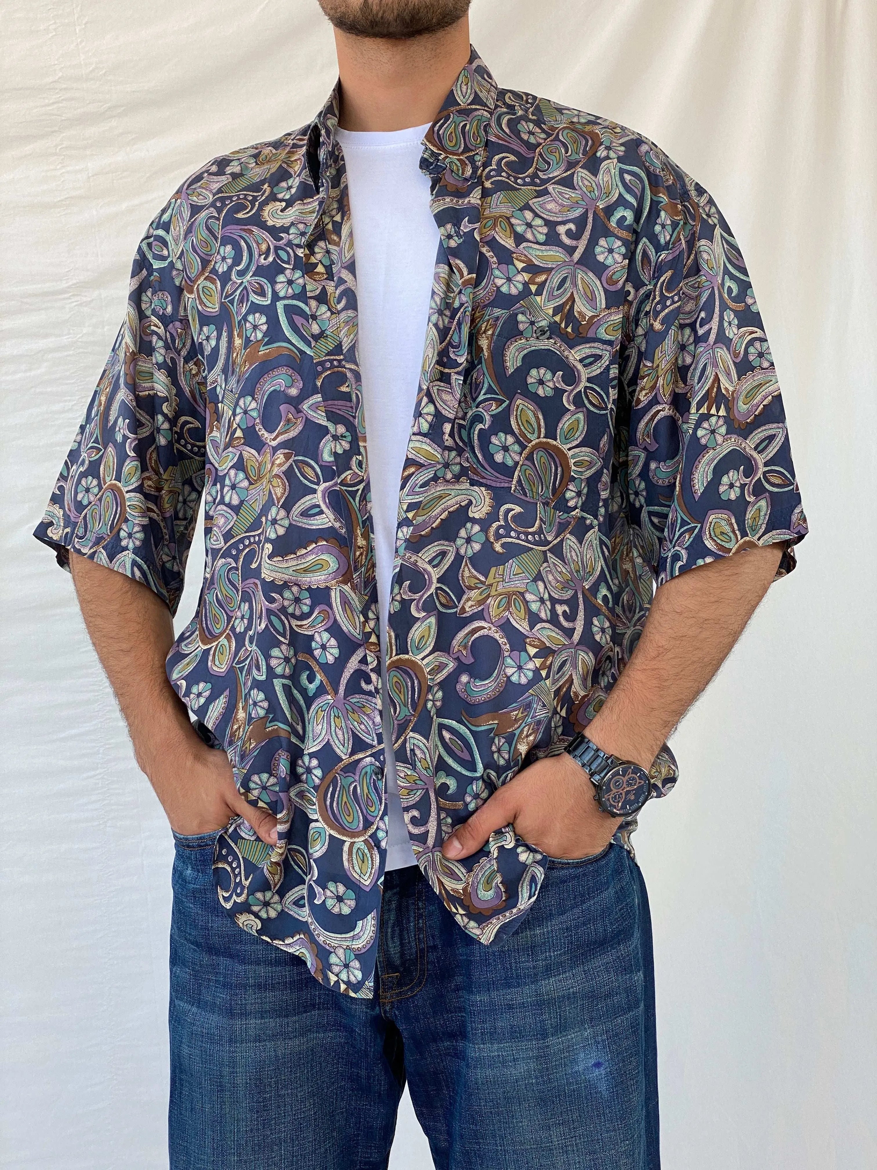 Vintage UTOPIA Paisley Print Men’s Oversized Silk Button-Up Shirt - L - Balagan Vintage Half Sleeve Shirt 90s, half sleeve shirt, mens shirt, printed shirt, printed silk shirt, Ramez, silk, silk shirt