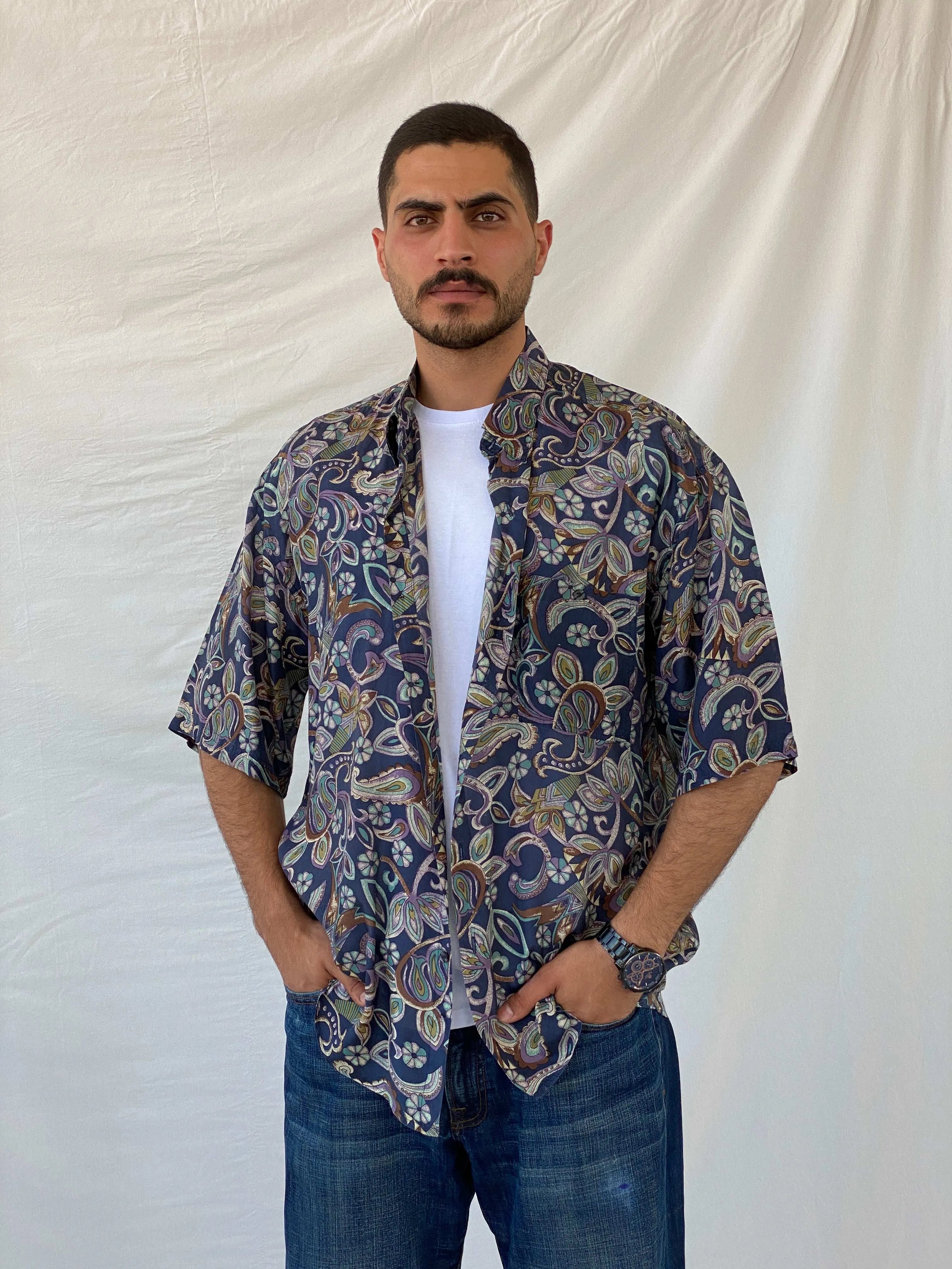 Vintage UTOPIA Paisley Print Men’s Oversized Silk Button-Up Shirt - L - Balagan Vintage Half Sleeve Shirt 90s, half sleeve shirt, mens shirt, printed shirt, printed silk shirt, Ramez, silk, silk shirt