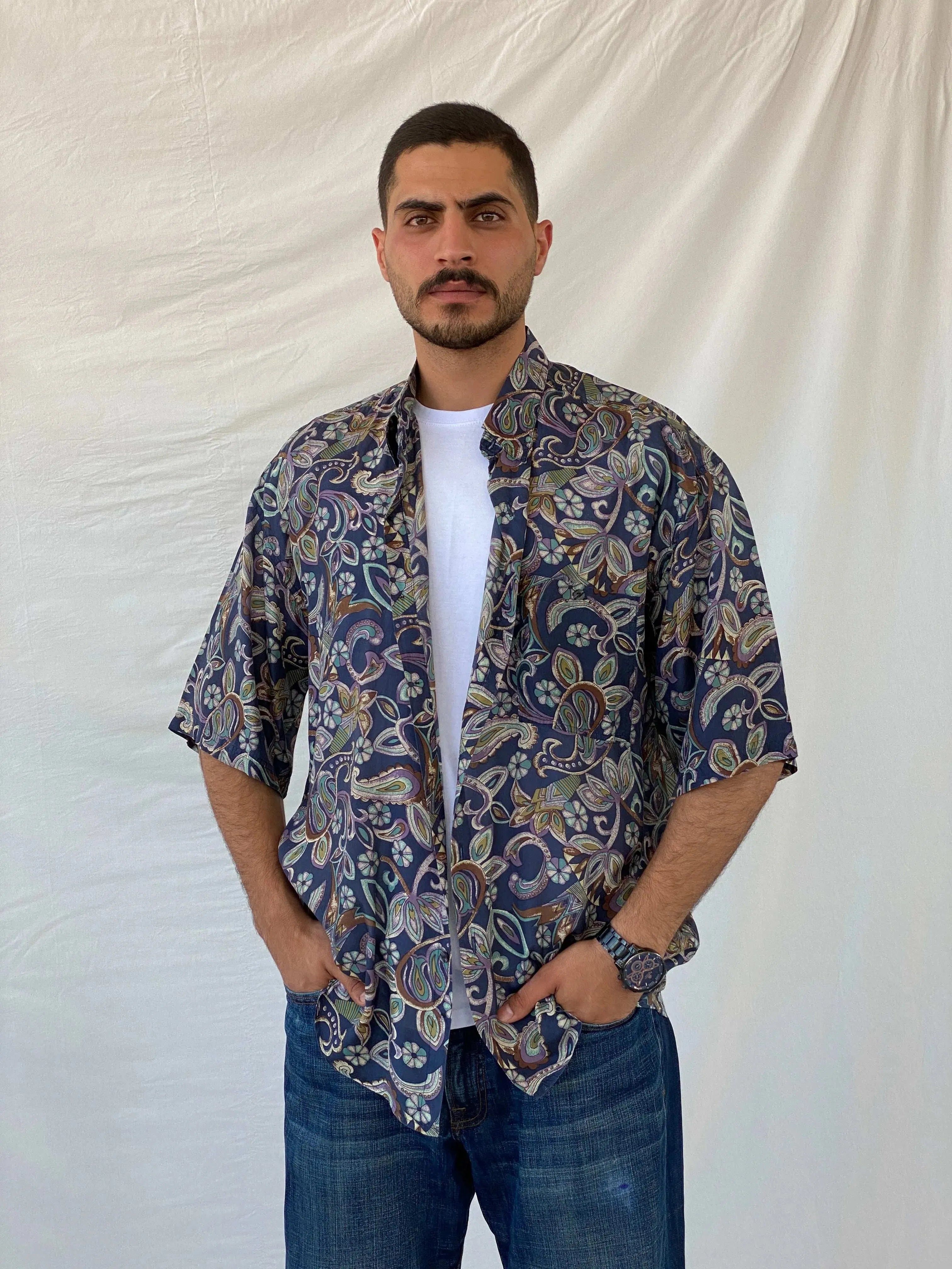 Vintage UTOPIA Paisley Print Men’s Oversized Silk Button-Up Shirt - L - Balagan Vintage Half Sleeve Shirt 90s, half sleeve shirt, mens shirt, printed shirt, printed silk shirt, Ramez, silk, silk shirt