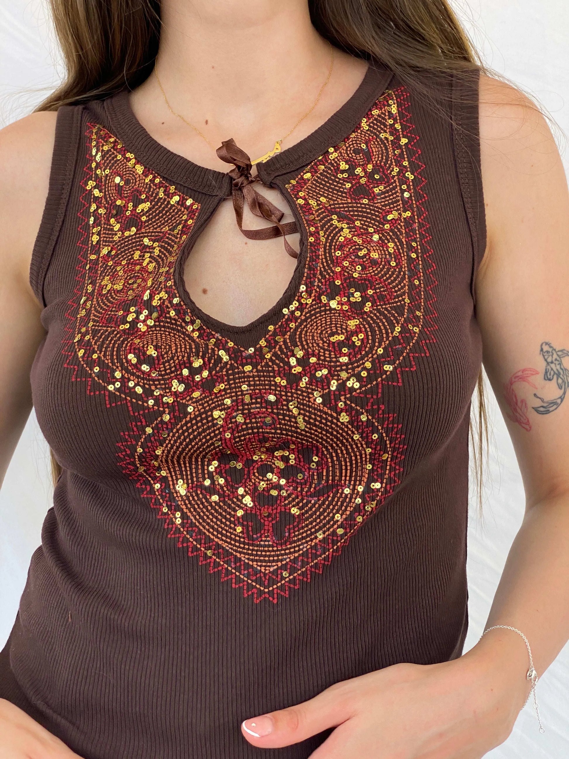Vintage V London Brown Sequined Sleeveless Top - S - Balagan Vintage Sleeveless Top 00s, Mira, sleeveless top