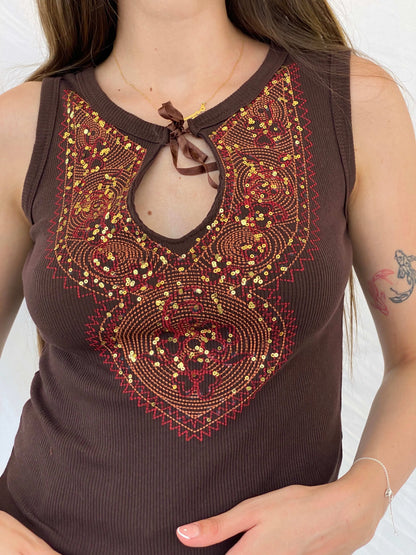 Vintage V London Brown Sequined Sleeveless Top - S - Balagan Vintage Sleeveless Top 00s, Mira, sleeveless top