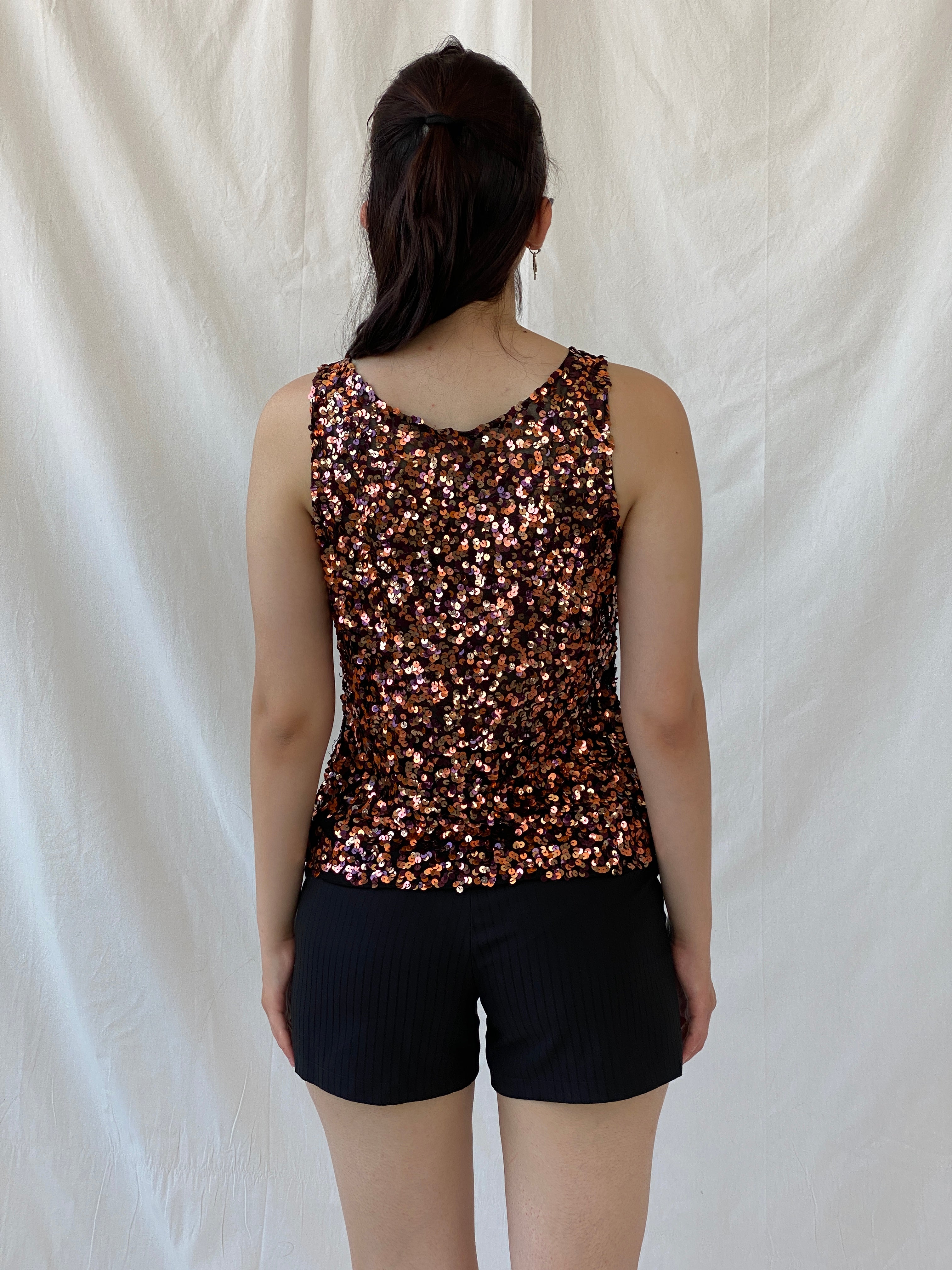Vintage Vera Mont France Copper Sequin Evening Top Sleeveless Party Tank Top - M - Balagan Vintage Sleeveless Top 00s, Ayah, beaded, consignment, embroidery, Hala, mesh, NEW IN, shimmer, summer, women top