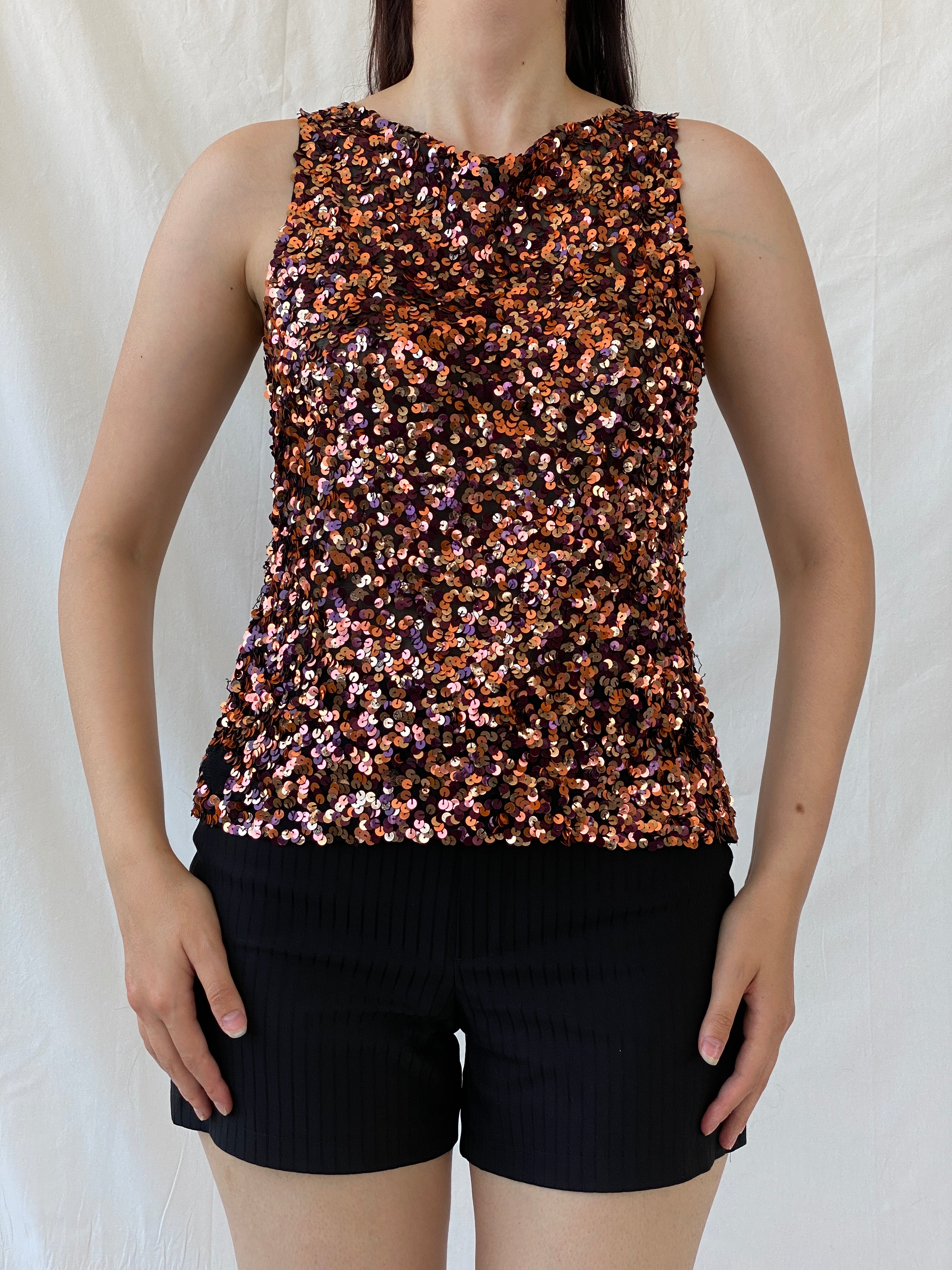 Vintage Vera Mont France Copper Sequin Evening Top Sleeveless Party Tank Top - M - Balagan Vintage Sleeveless Top 00s, Ayah, beaded, consignment, embroidery, Hala, mesh, NEW IN, shimmer, summer, women top