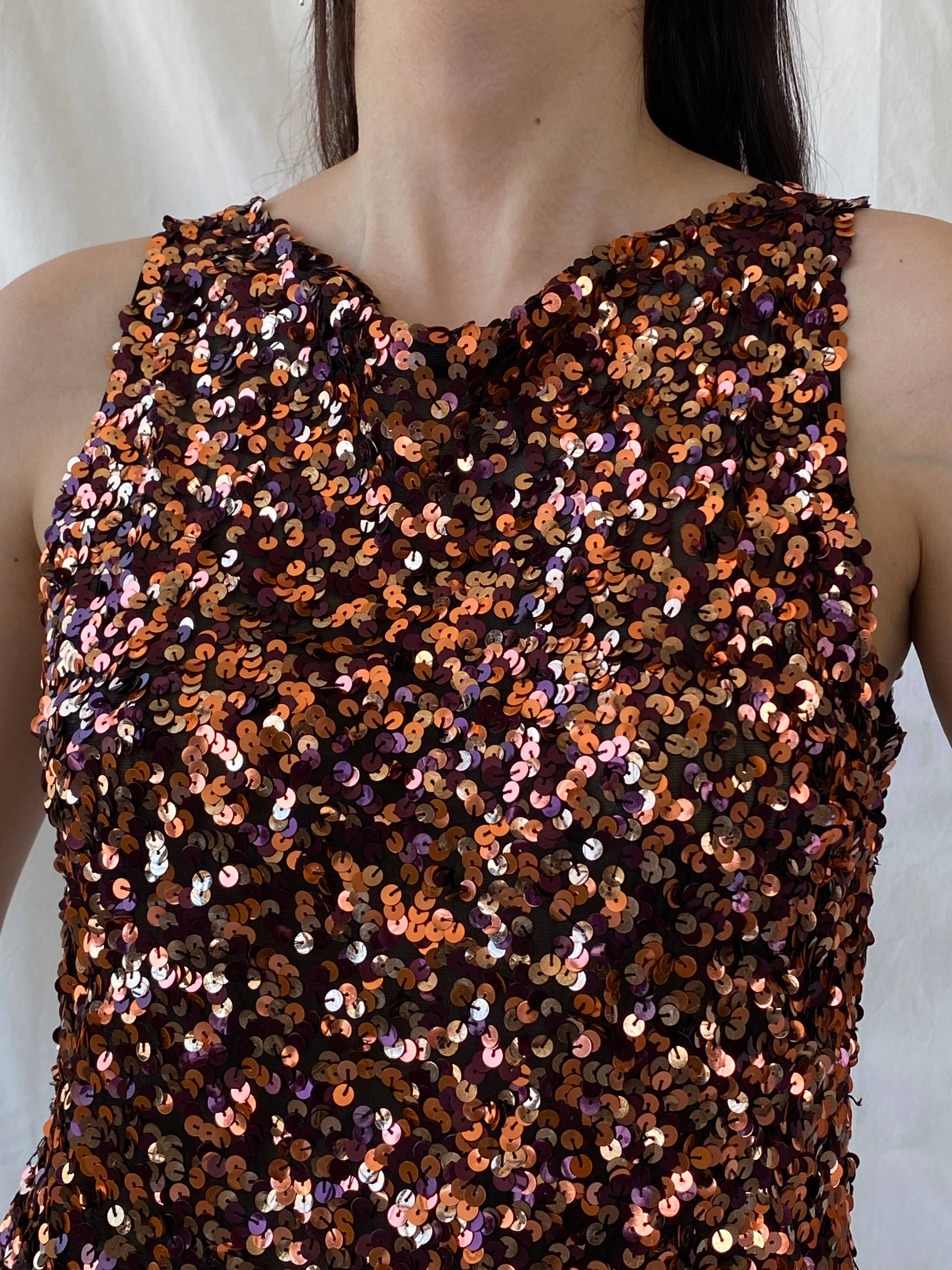 Vintage Vera Mont France Copper Sequin Evening Top Sleeveless Party Tank Top - M - Balagan Vintage Sleeveless Top 00s, Ayah, beaded, consignment, embroidery, Hala, mesh, NEW IN, shimmer, summer, women top