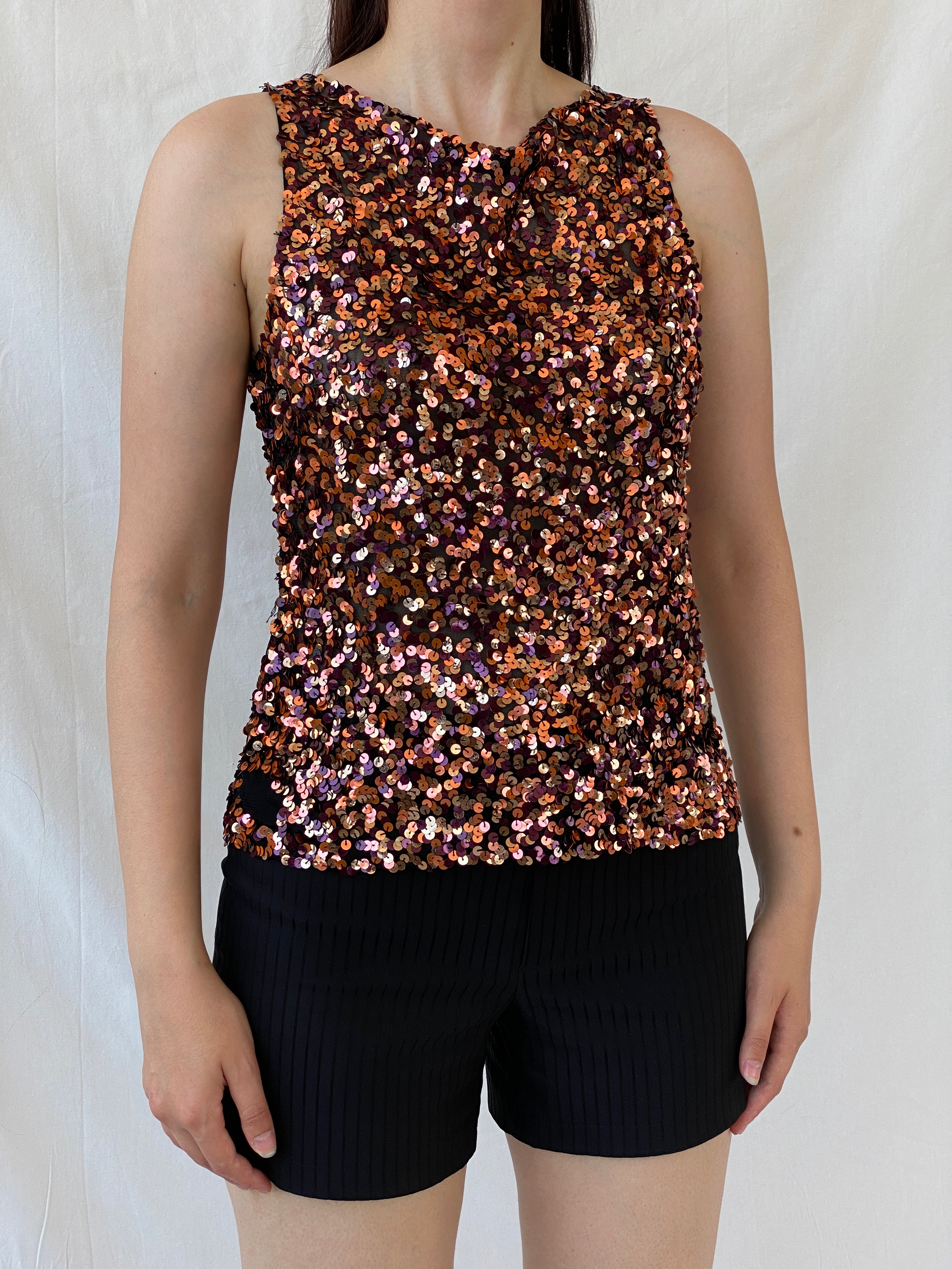 Vintage Vera Mont France Copper Sequin Evening Top Sleeveless Party Tank Top - M - Balagan Vintage Sleeveless Top 00s, Ayah, beaded, consignment, embroidery, Hala, mesh, NEW IN, shimmer, summer, women top