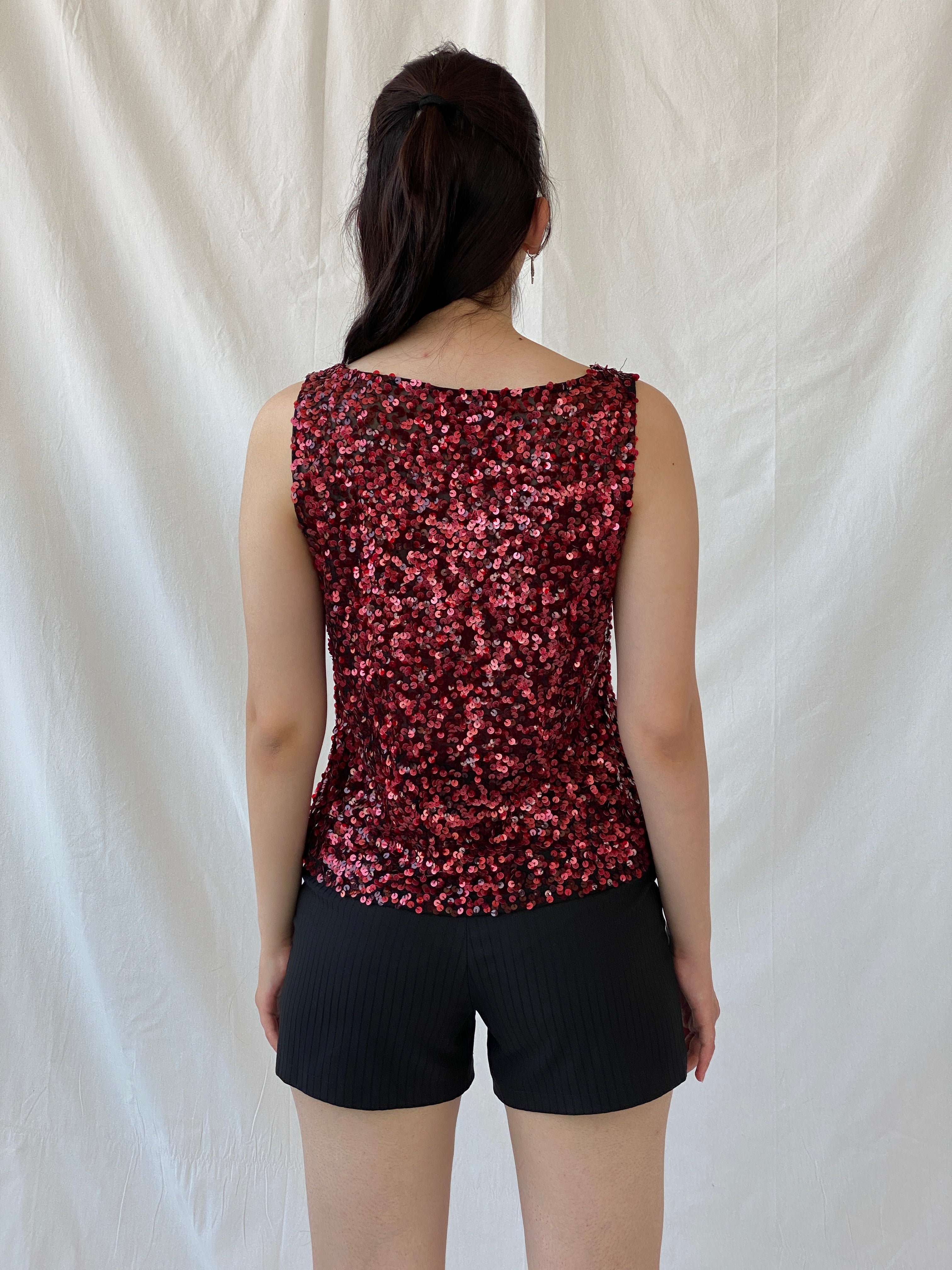 Vintage Vera Mont France Sequin Red Evening Top Sleeveless Party Tank Top - L - Balagan Vintage Sleeveless Top 00s, Ayah, beaded, consignment, Hala, NEW IN, summer, women top