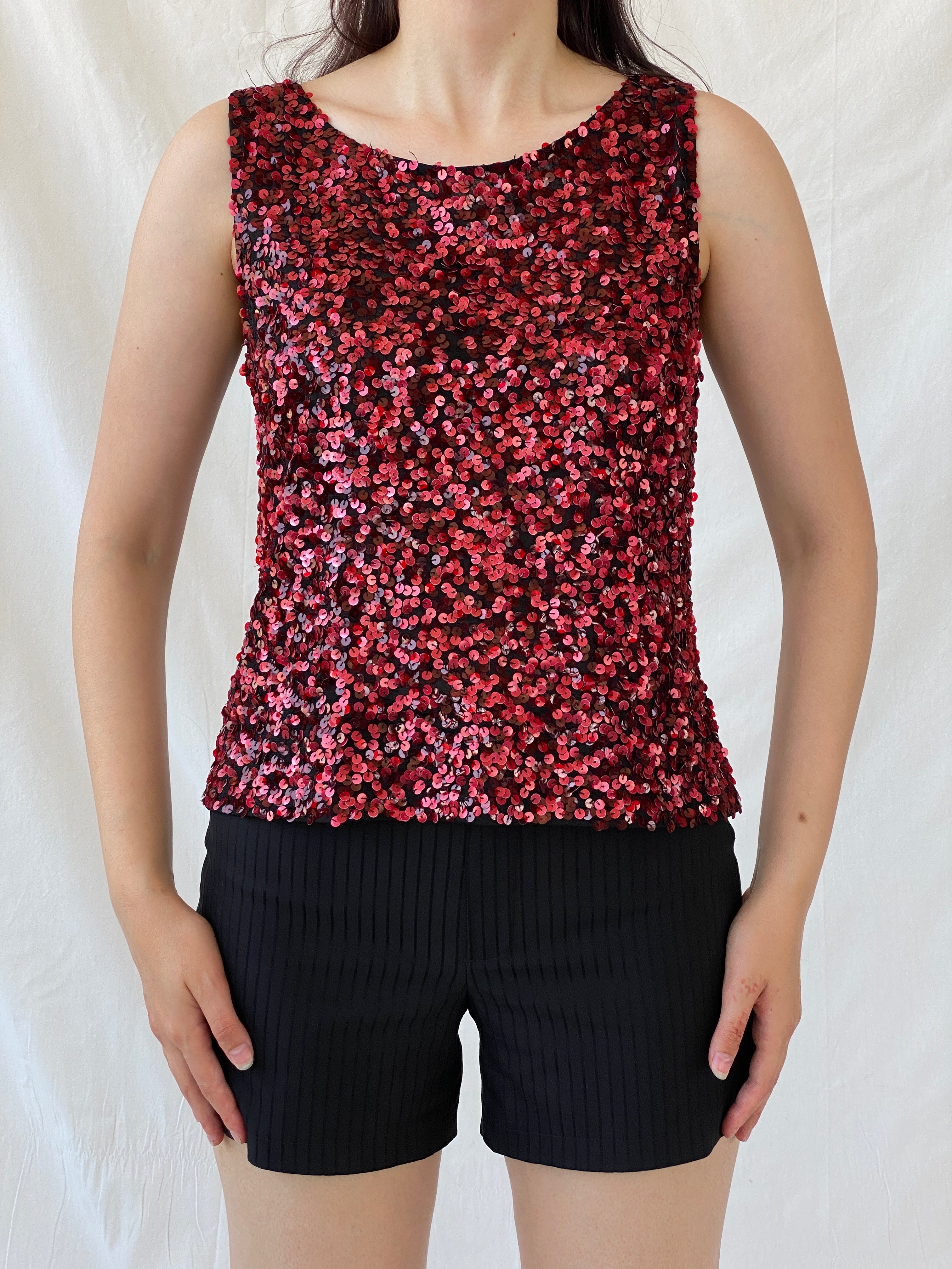 Vintage Vera Mont France Sequin Red Evening Top Sleeveless Party Tank Top - L - Balagan Vintage Sleeveless Top 00s, Ayah, beaded, consignment, Hala, NEW IN, summer, women top
