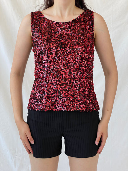 Vintage Vera Mont France Sequin Red Evening Top Sleeveless Party Tank Top - L - Balagan Vintage Sleeveless Top 00s, Ayah, beaded, consignment, Hala, NEW IN, summer, women top
