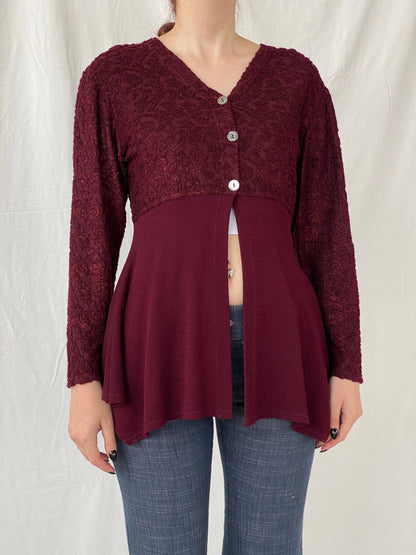 Vintage Vestino Italy Maroon Floral Lace Buttoned Split Cardigan - M - Balagan Vintage Cardigan 00s, Ayah, cardigan, knitted cardigan