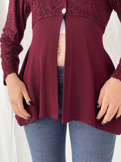 Vintage Vestino Italy Maroon Floral Lace Buttoned Split Cardigan - M - Balagan Vintage Cardigan 00s, Ayah, cardigan, knitted cardigan