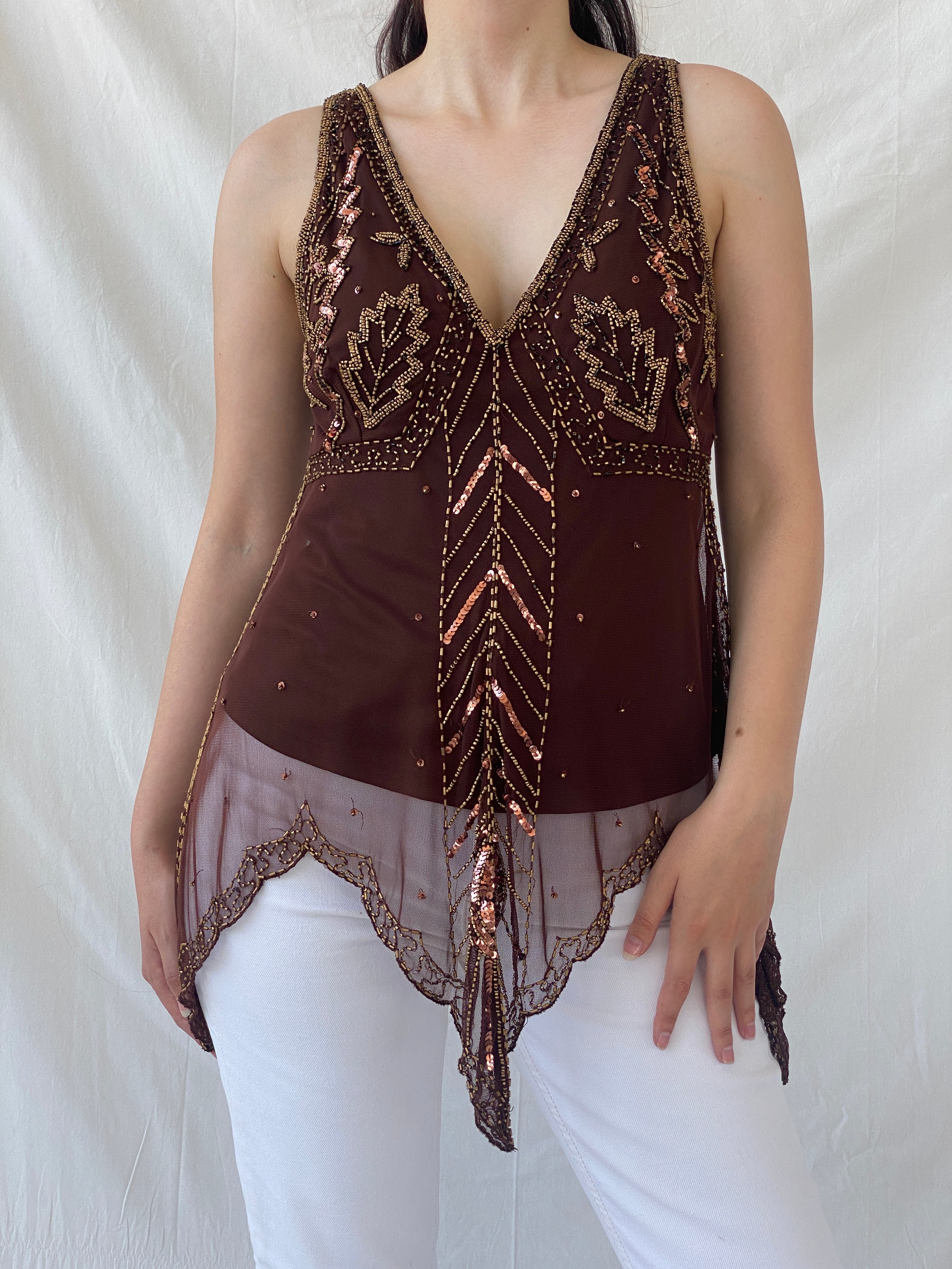 Vintage Wallis Brown Beaded Sequined Sleeveless Fairy Core Mesh Top - L - Balagan Vintage Sleeveless Top 00s, Ayah, beaded, NEW IN, summer, women top