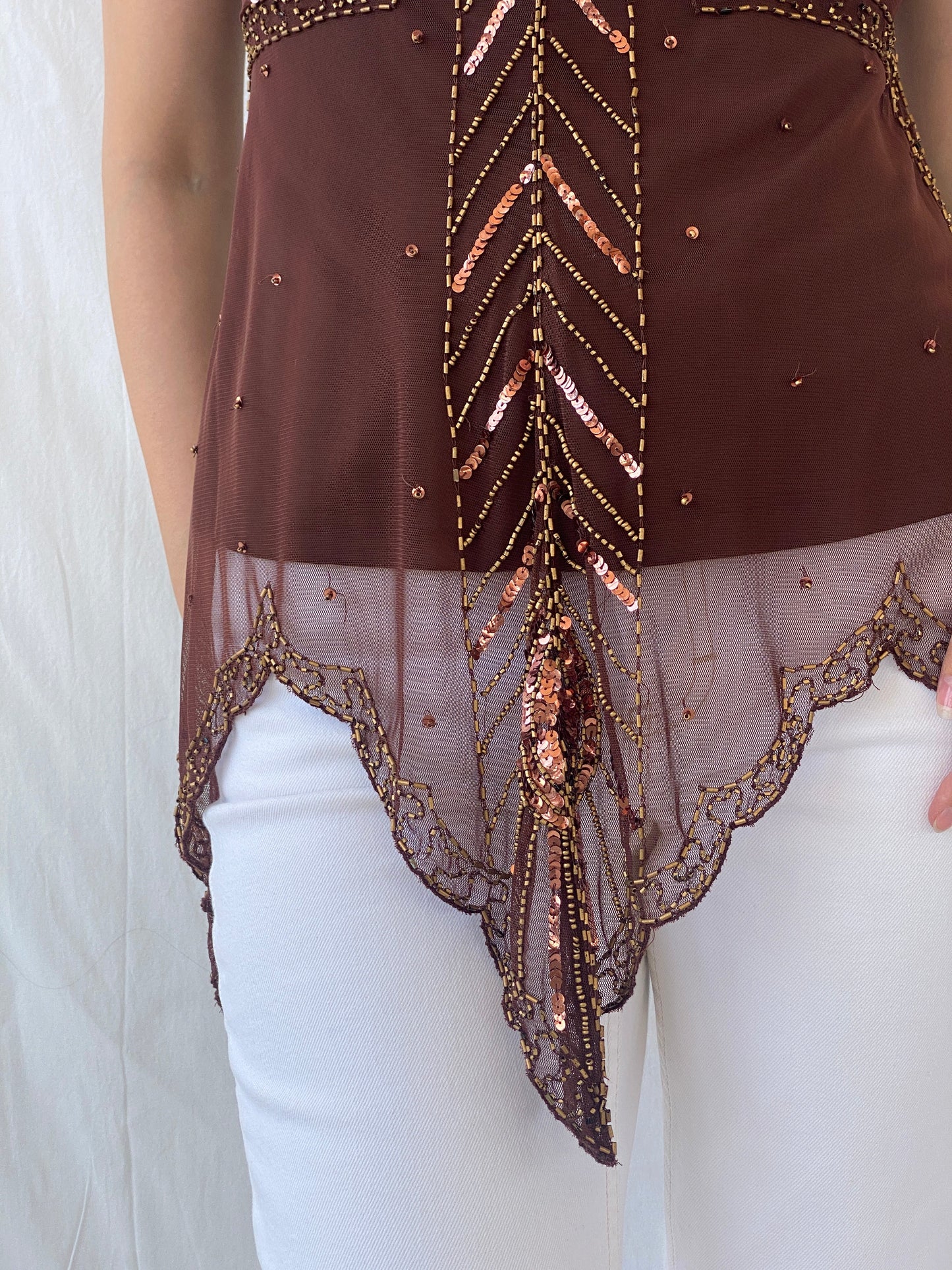 Vintage Wallis Brown Beaded Sequined Sleeveless Fairy Core Mesh Top - L - Balagan Vintage Sleeveless Top 00s, Ayah, beaded, NEW IN, summer, women top