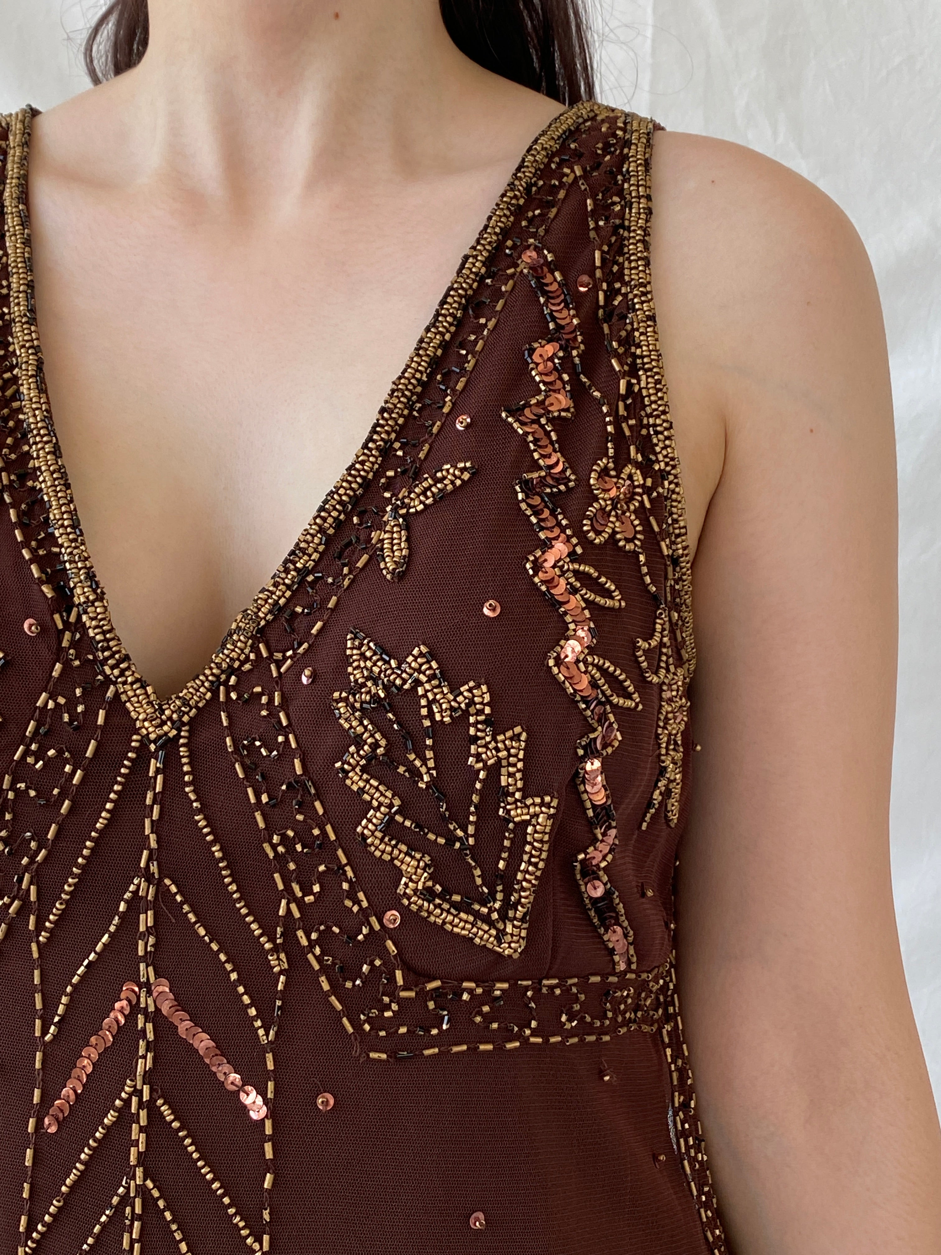 Vintage Wallis Brown Beaded Sequined Sleeveless Fairy Core Mesh Top - L - Balagan Vintage Sleeveless Top 00s, Ayah, beaded, NEW IN, summer, women top