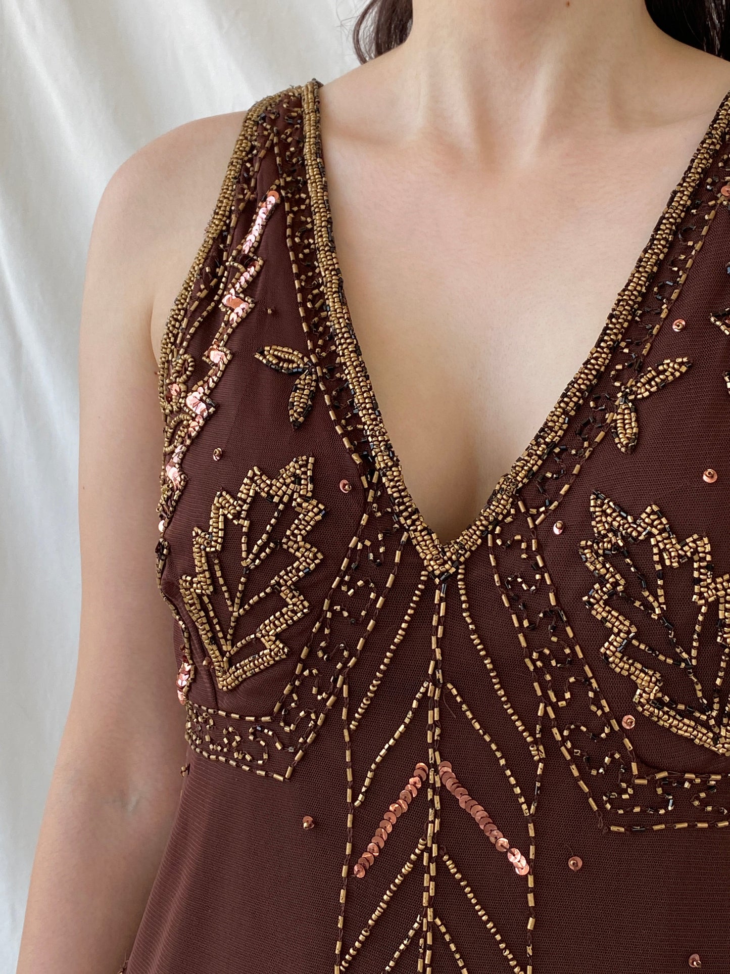 Vintage Wallis Brown Beaded Sequined Sleeveless Fairy Core Mesh Top - L - Balagan Vintage Sleeveless Top 00s, Ayah, beaded, NEW IN, summer, women top