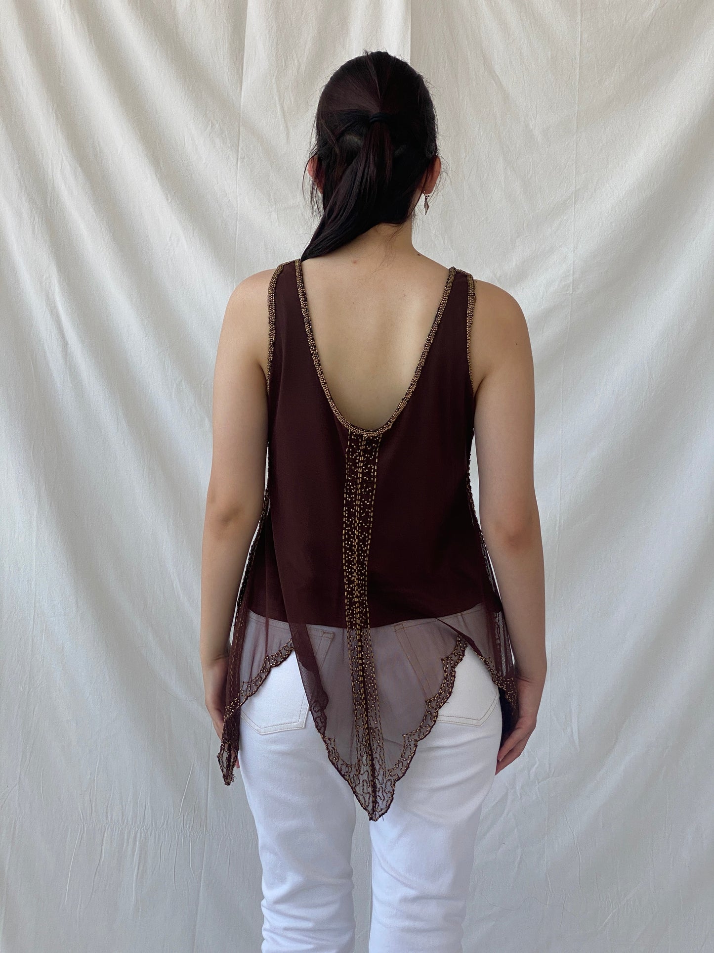 Vintage Wallis Brown Beaded Sequined Sleeveless Fairy Core Mesh Top - L - Balagan Vintage Sleeveless Top 00s, Ayah, beaded, NEW IN, summer, women top